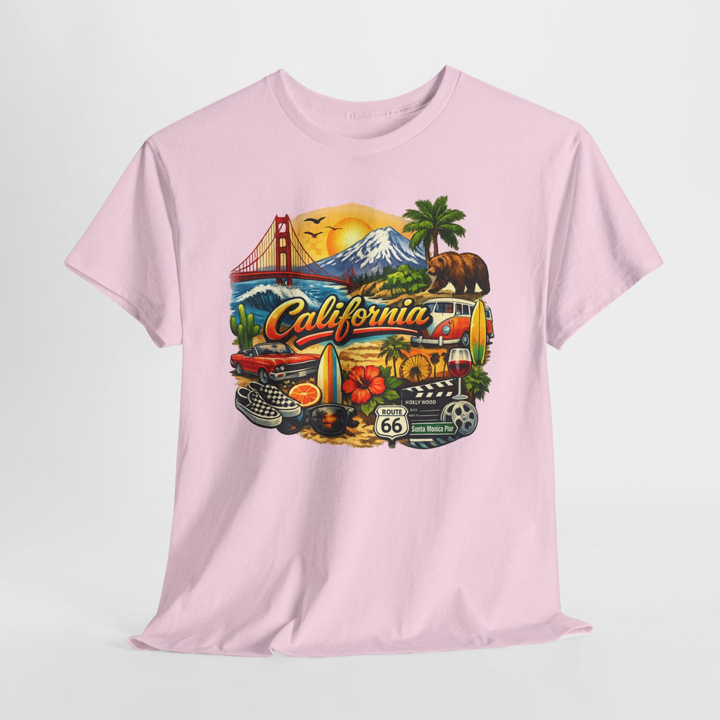California Vintage Travel T-Shirt — Golden Gate, Palm Trees & Route 66 Tee