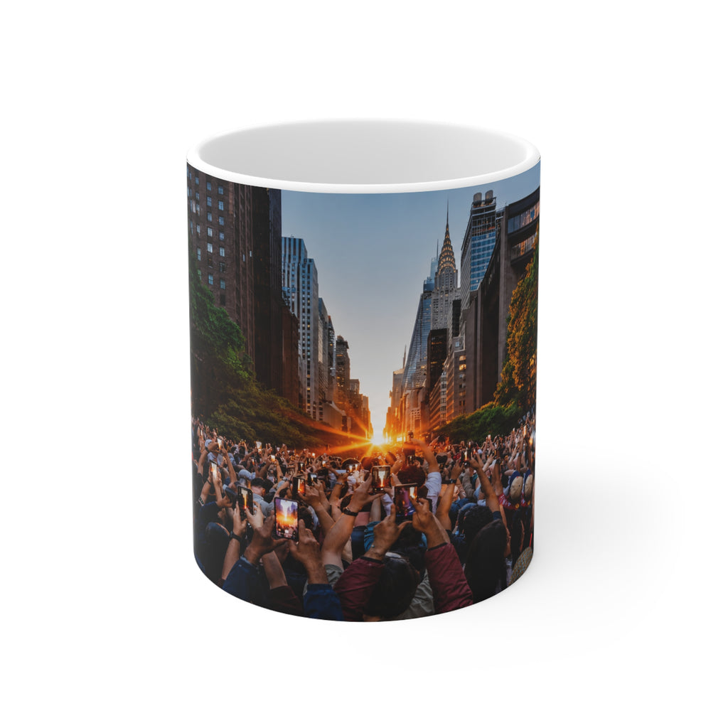New York City Manhattanhenge Sunset Photo Mug — NYC Skyline Crowd Ceramic Coffee Cup (11oz/15oz)