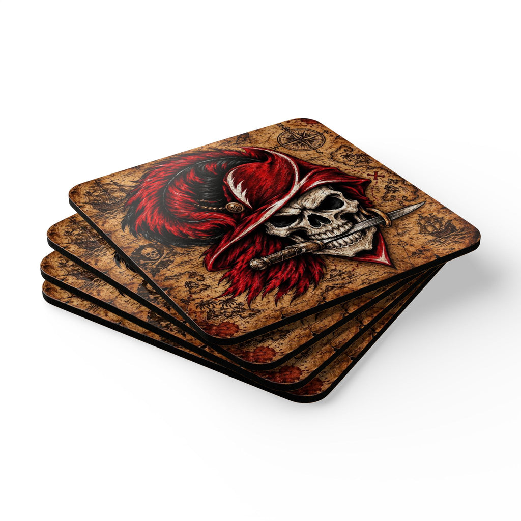 Pirate Skull Cork Coaster Set — Red Feather Buccaneer Drink Coasters