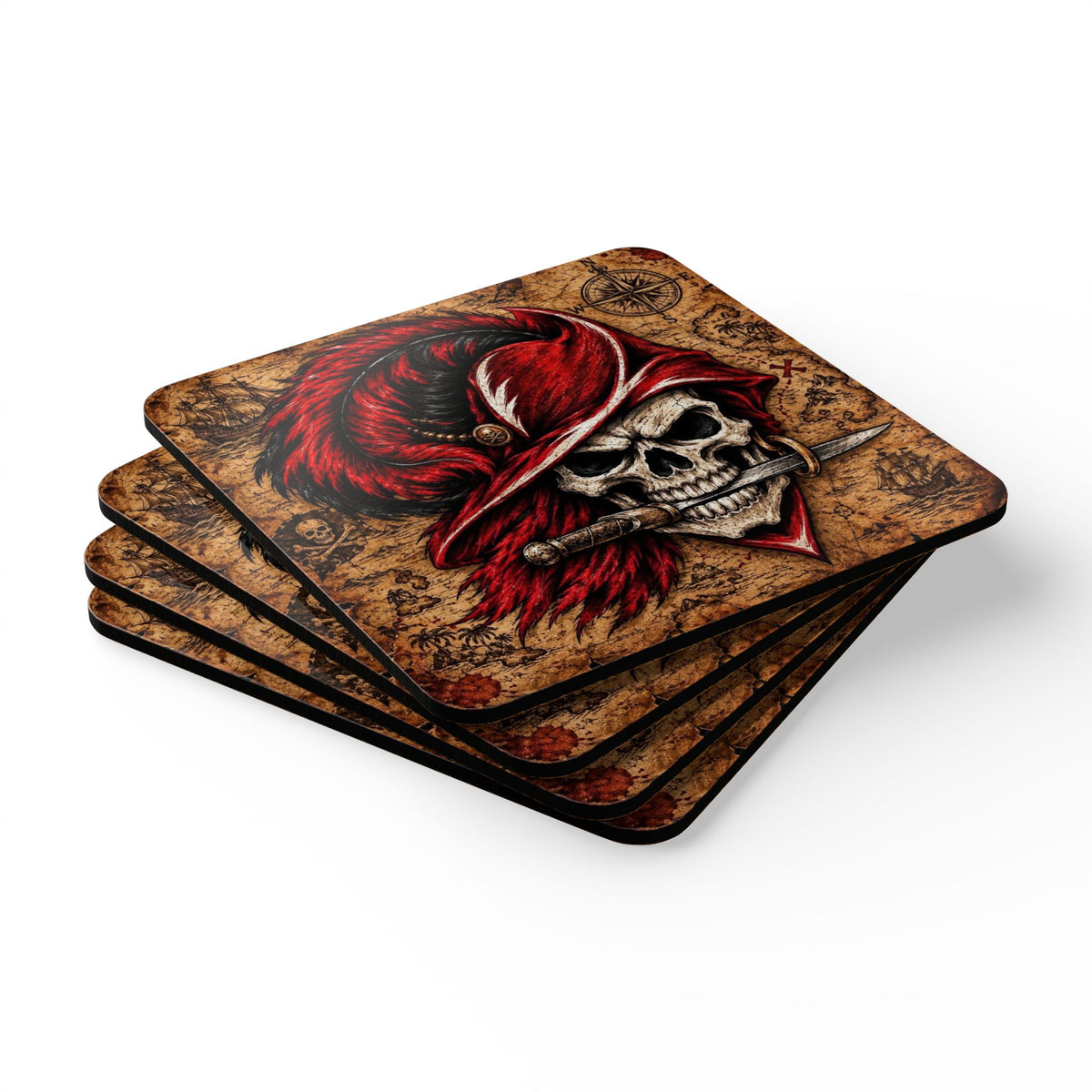 Pirate Skull Cork Coaster Set — Red Feather Buccaneer Drink Coasters