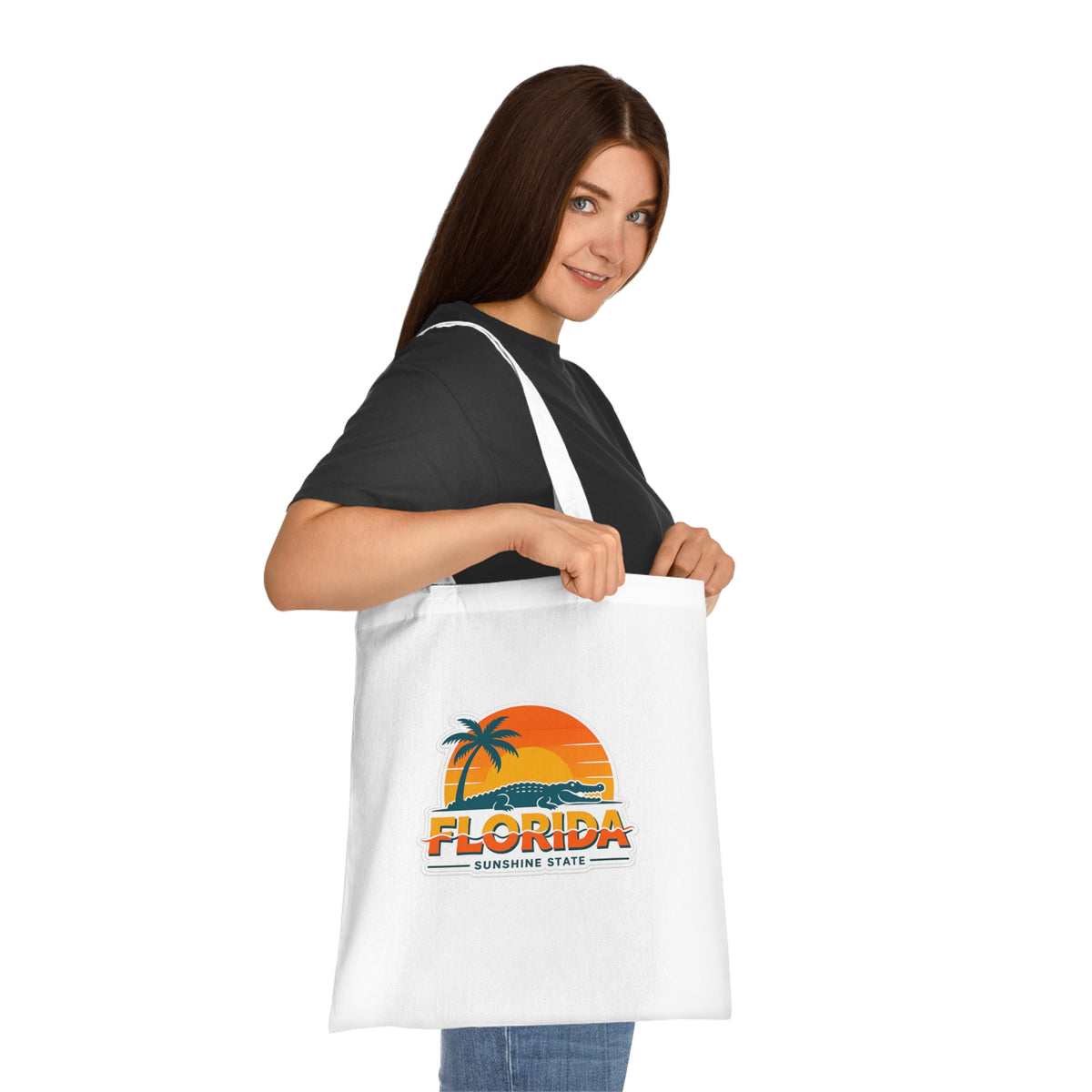 Florida Sunshine State Palm Tree Tote Bag — Retro Beach Sunset Cotton Tote