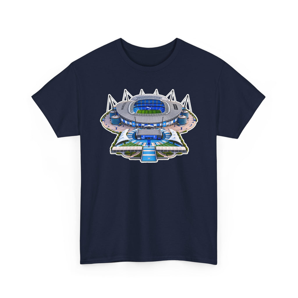 Manchester City Etihad Stadium Illustration T-Shirt — Retro Soccer Arena Graphic Tee