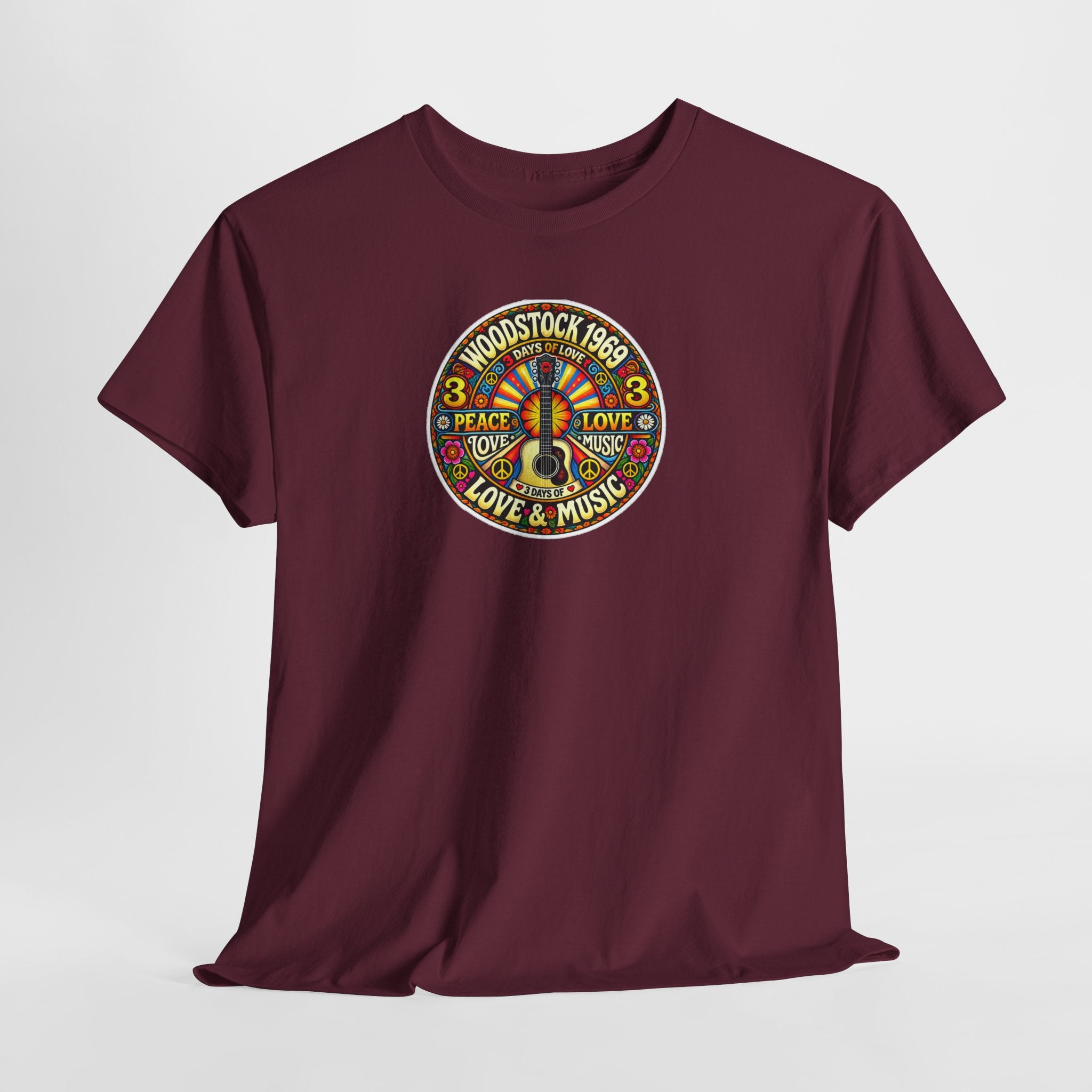Woodstock 1969 Peace & Love Graphic Cotton T- Shirt / Tee