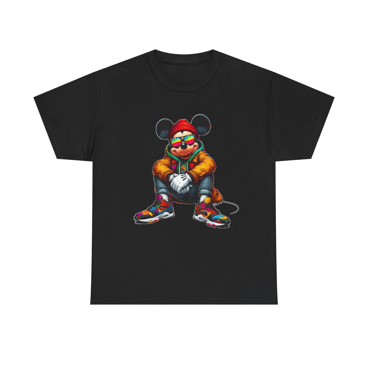 Mickey Mouse Streetwear Graphic Tee — Hip-Hop Mouse Character Sitting in Sneakers