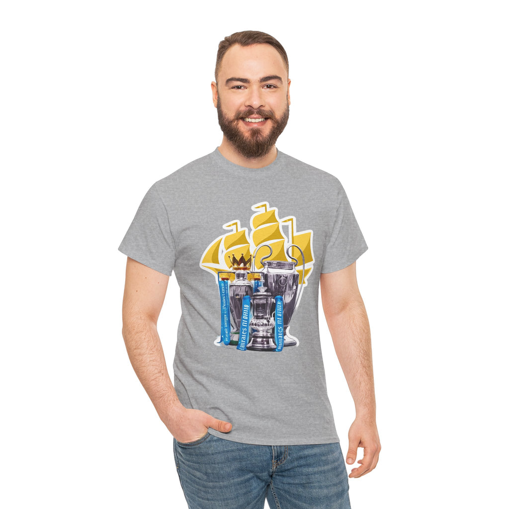Manchester City Champions Trophy Tee – Golden Cups & Blue Scarves Football Fan Shirt