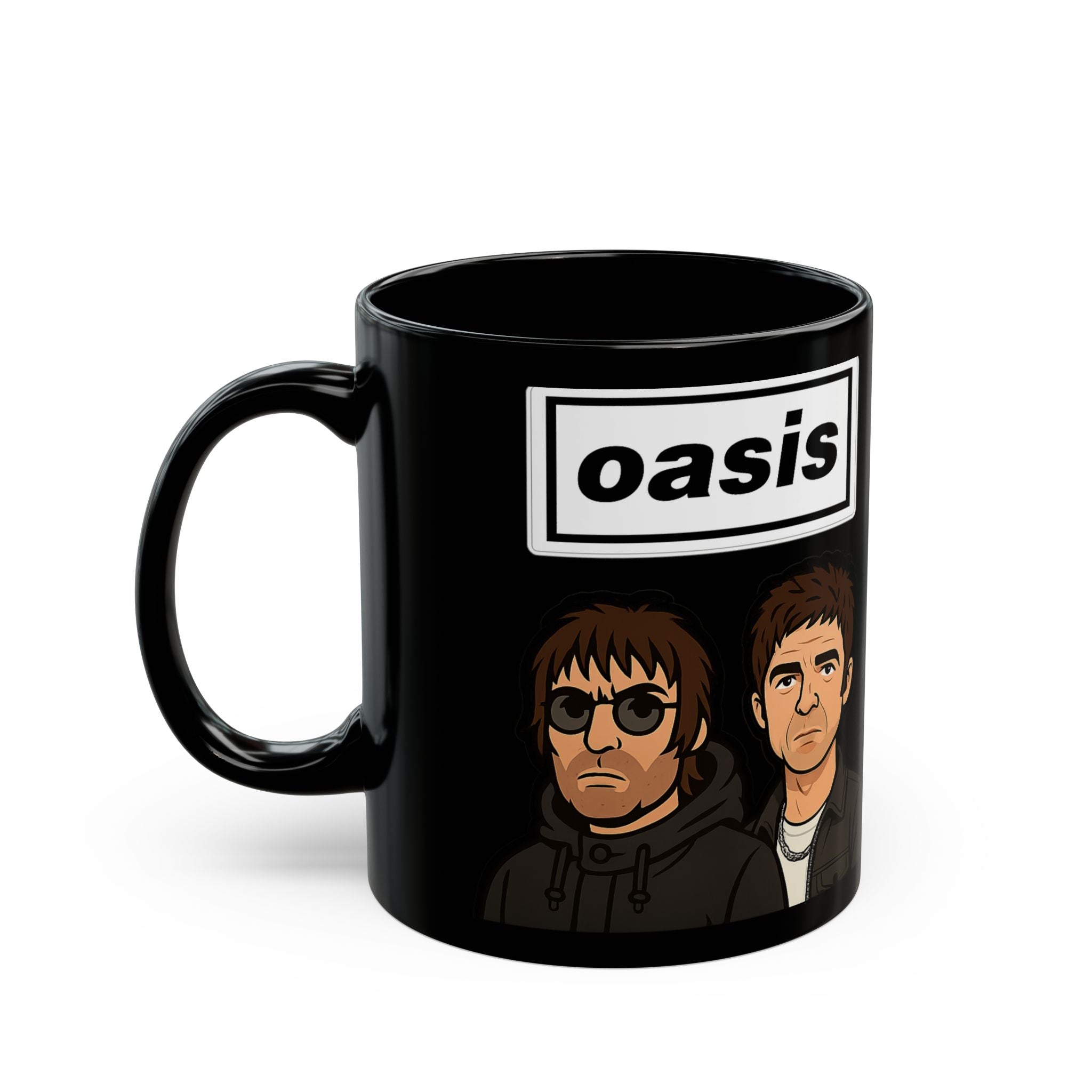 Oasis Inspired Cartoon Band Black Mug — Liam & Noel Ceramic Coffee Cup (11oz/15oz)
