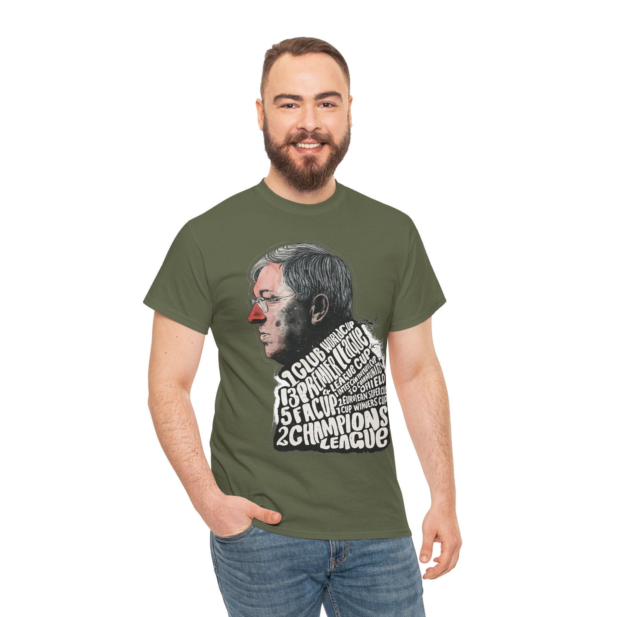 SIr Alex Ferguson Achievements Vintage Football Manager Profile Tee — Illustrated Head with Trophy Text Design