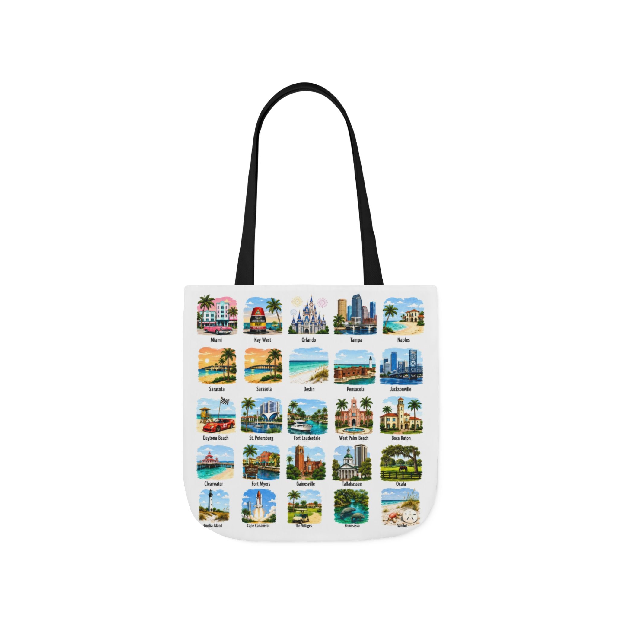 Florida City Landmark Collage Canvas Tote Bag — Vintage Travel Icons Print