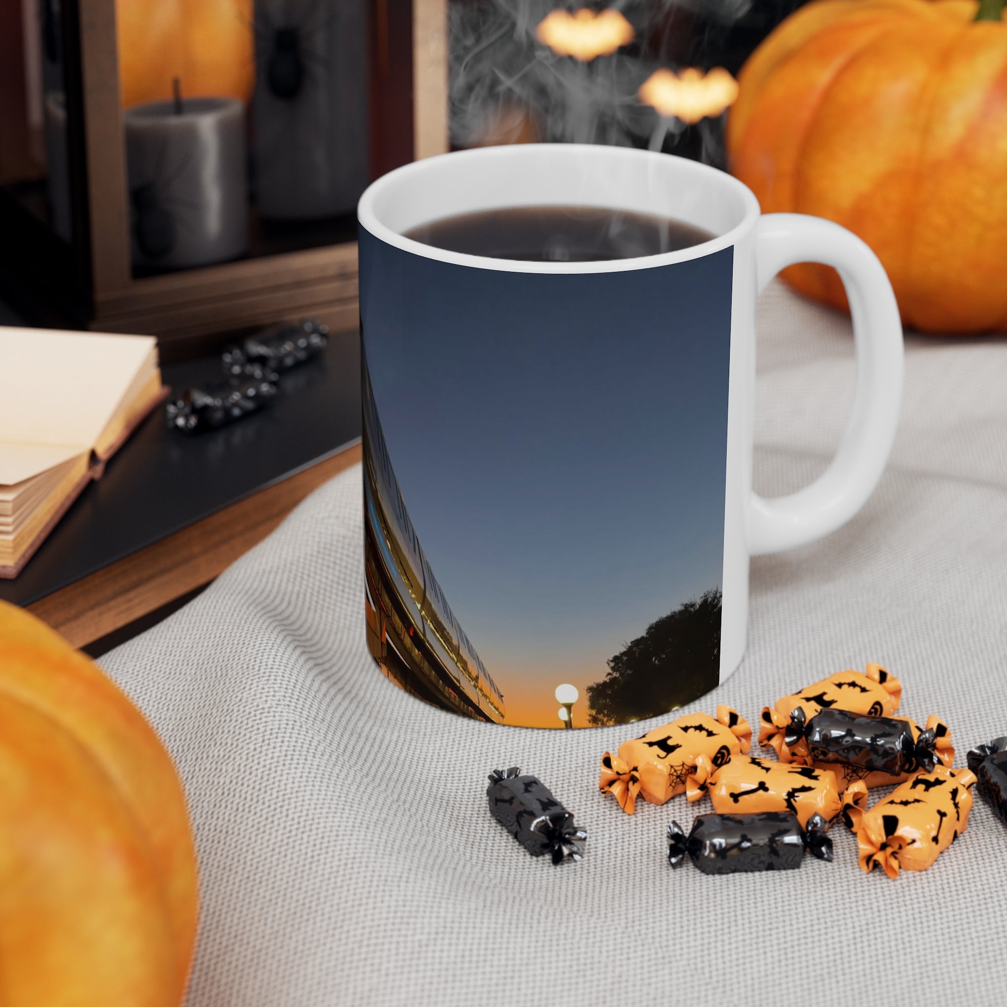 WDW Monorail Nightscape Ceramic Mug — Modern Curved Building Photo (11oz & 15oz)