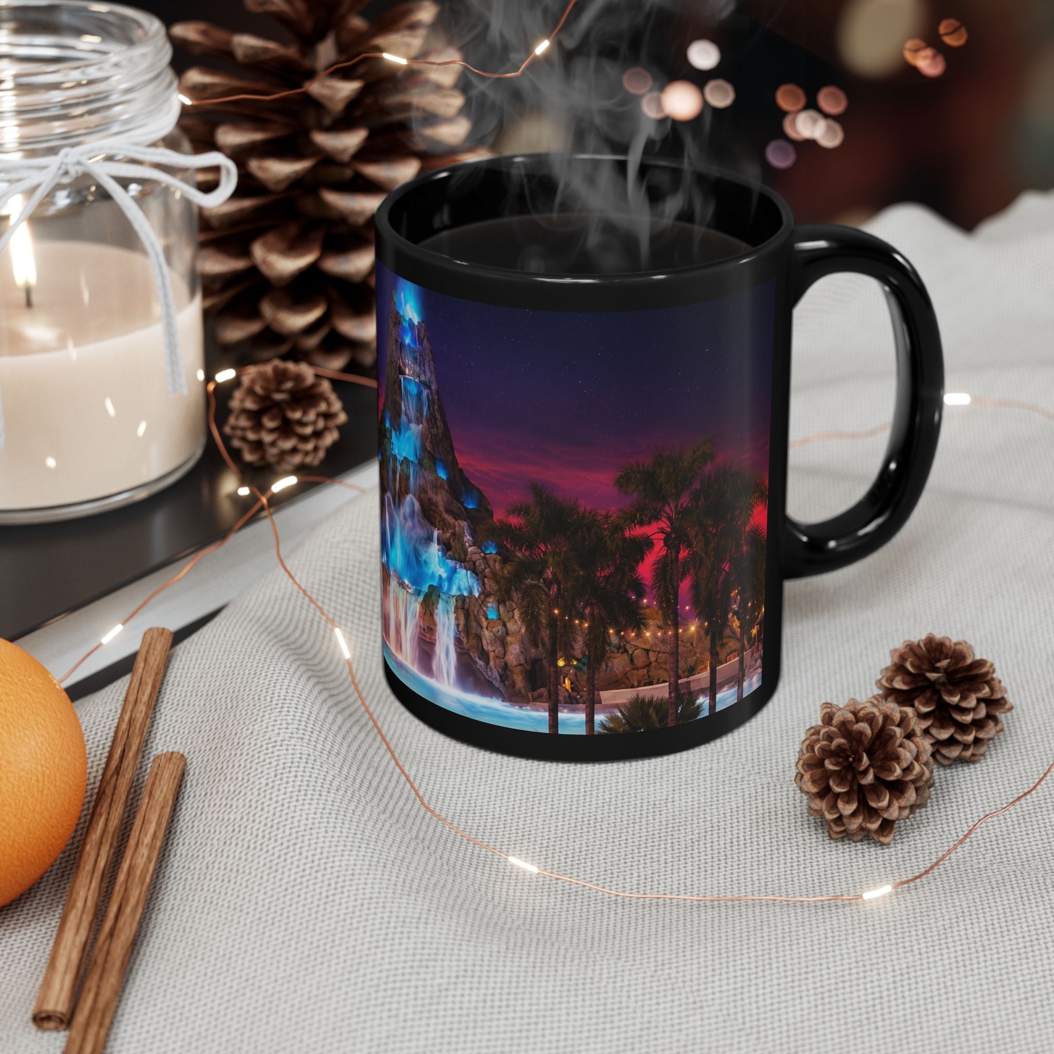 Volcano Bay at Night Black Mug — Illuminated Waterfall & Palm Tree Coffee Cup (11oz/15oz)