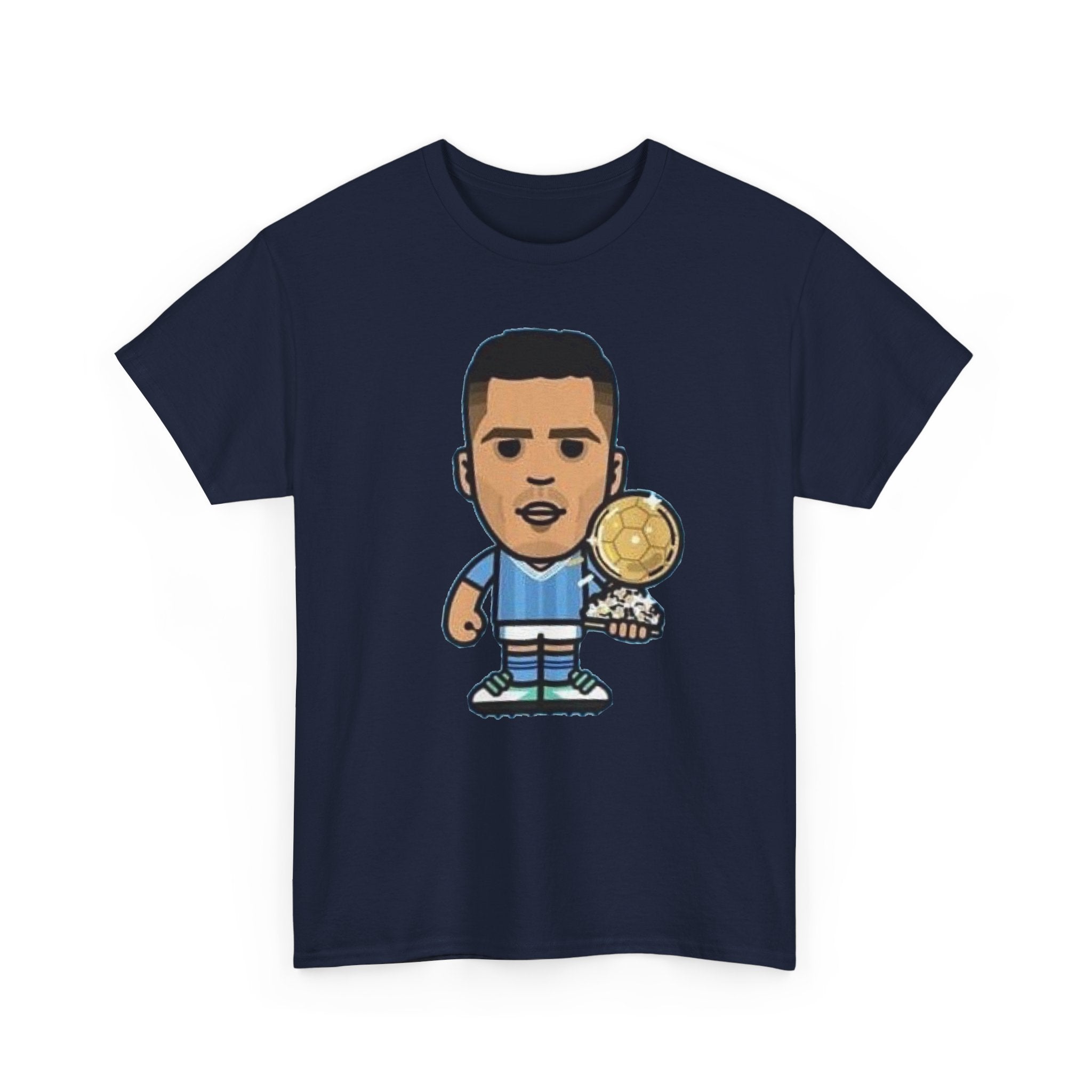 Rodri Manchester City Cartoon Tee — Player Holding Trophy Graphic Shirt
