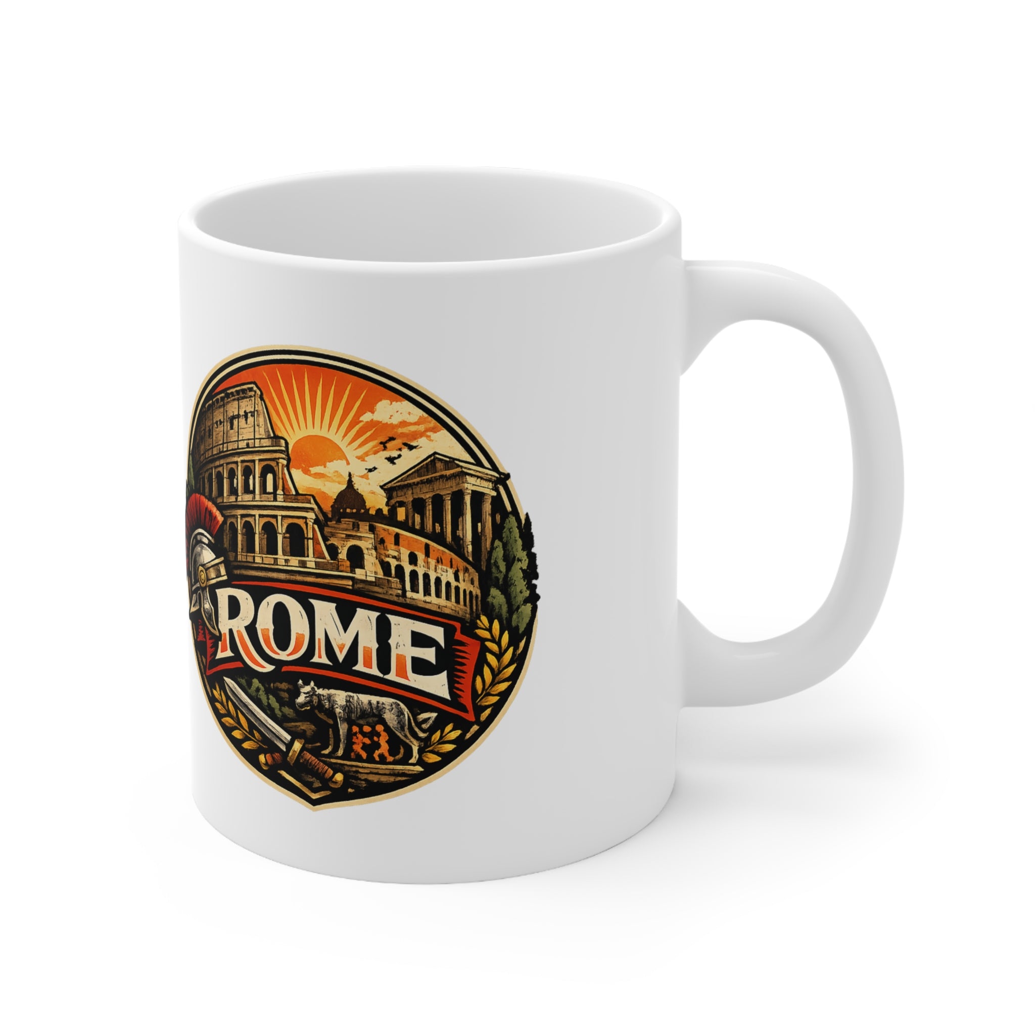 Rome Vintage Emblem Ceramic Coffee Mug — Colosseum & Legion Travel Souvenir (11oz/15oz)