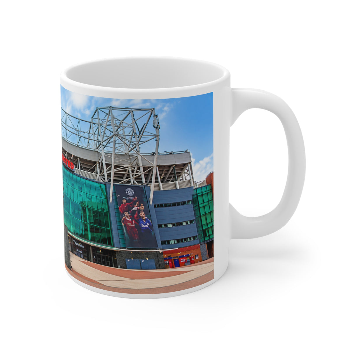 Manchester United Old Trafford Stadium Front Ceramic Coffee Mug — Iconic Football Statue & Facade 11oz/15oz