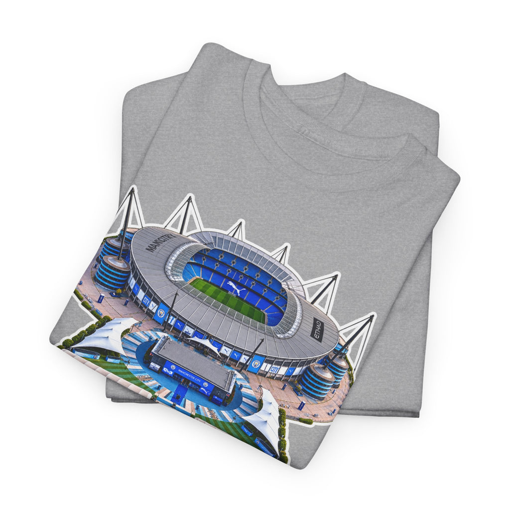 Manchester City Etihad Stadium Illustration T-Shirt — Retro Soccer Arena Graphic Tee