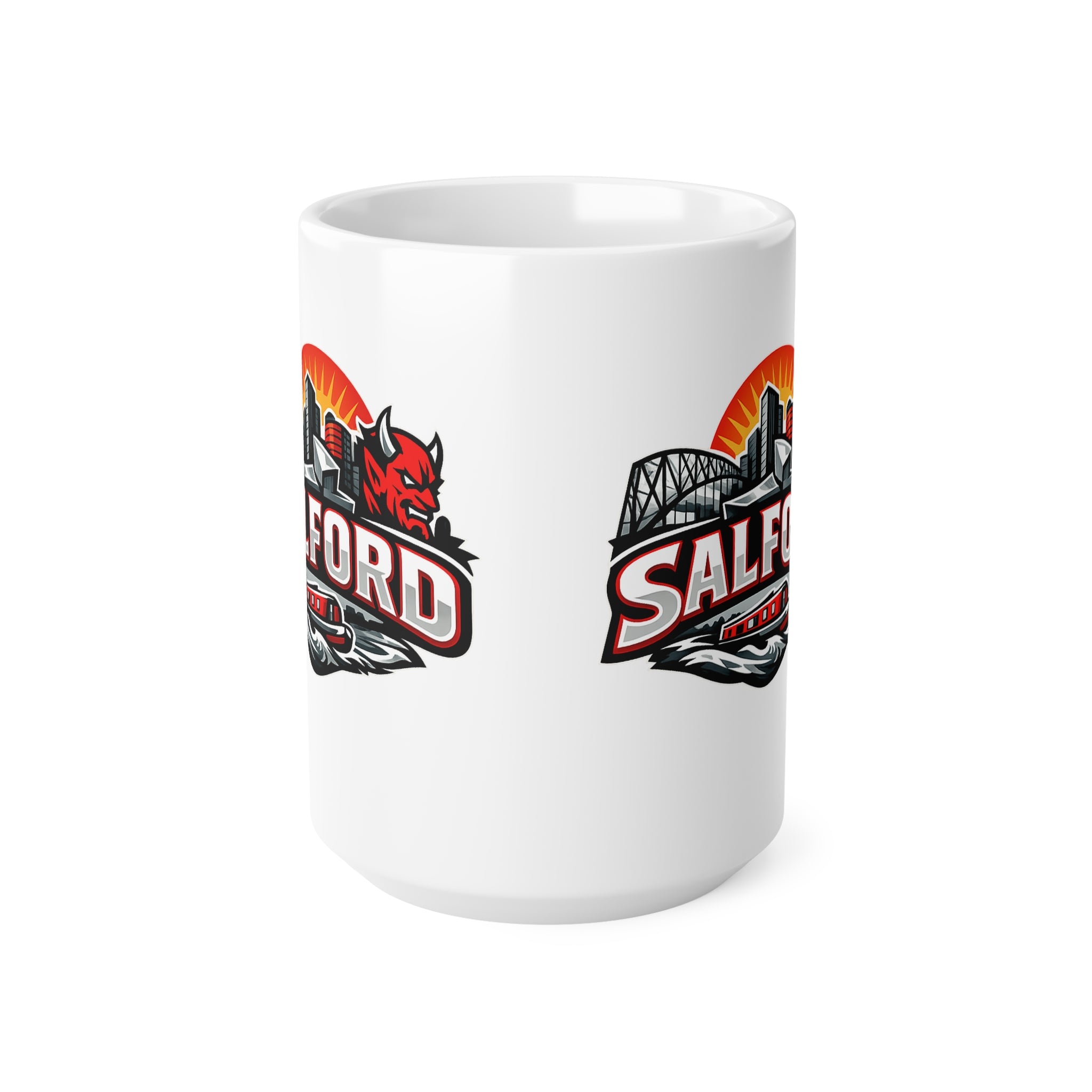 Salford City Skyline Coffee Mug – Devils Logo Ceramic Cup (11oz & 15oz)