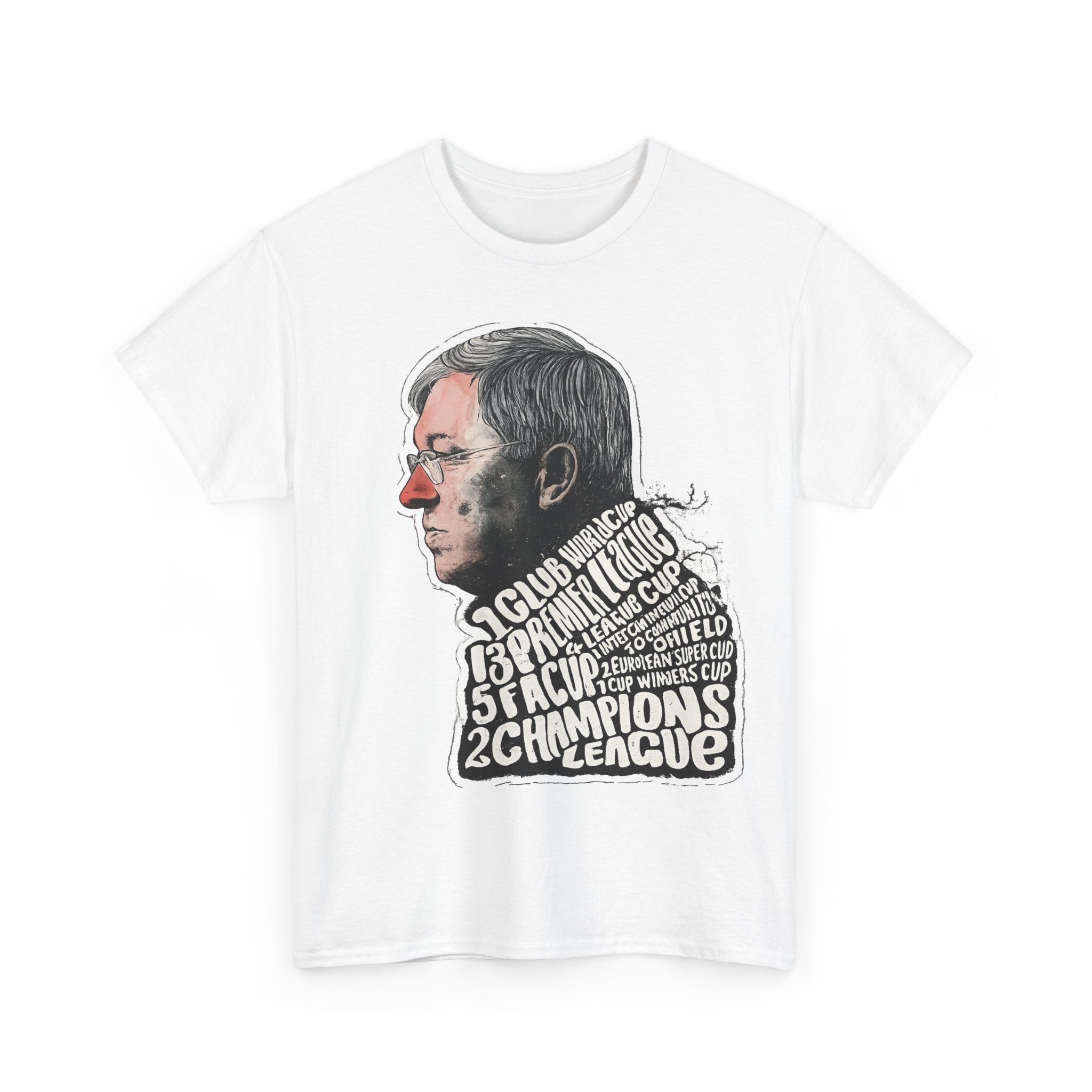 SIr Alex Ferguson Achievements Vintage Football Manager Profile Tee — Illustrated Head with Trophy Text Design