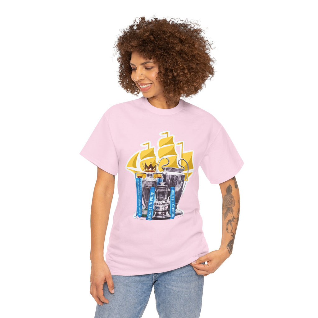 Manchester City Champions Trophy Tee – Golden Cups & Blue Scarves Football Fan Shirt
