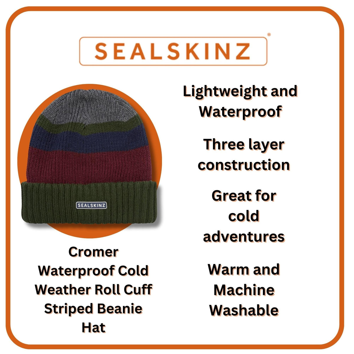 Mens & Ladies Waterproof Thermal Roll Cuff Striped Beanie Hat