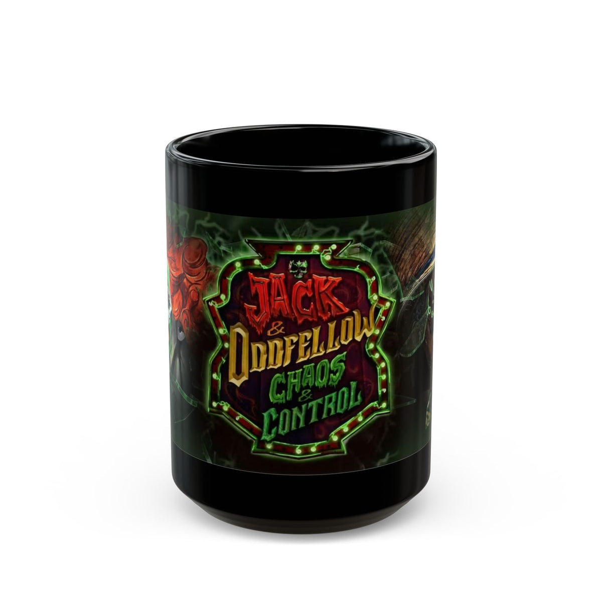 Black Ceramic Mug — 'Jack & Oddfellow Chaos Control' Horror Gamer Coffee Cup