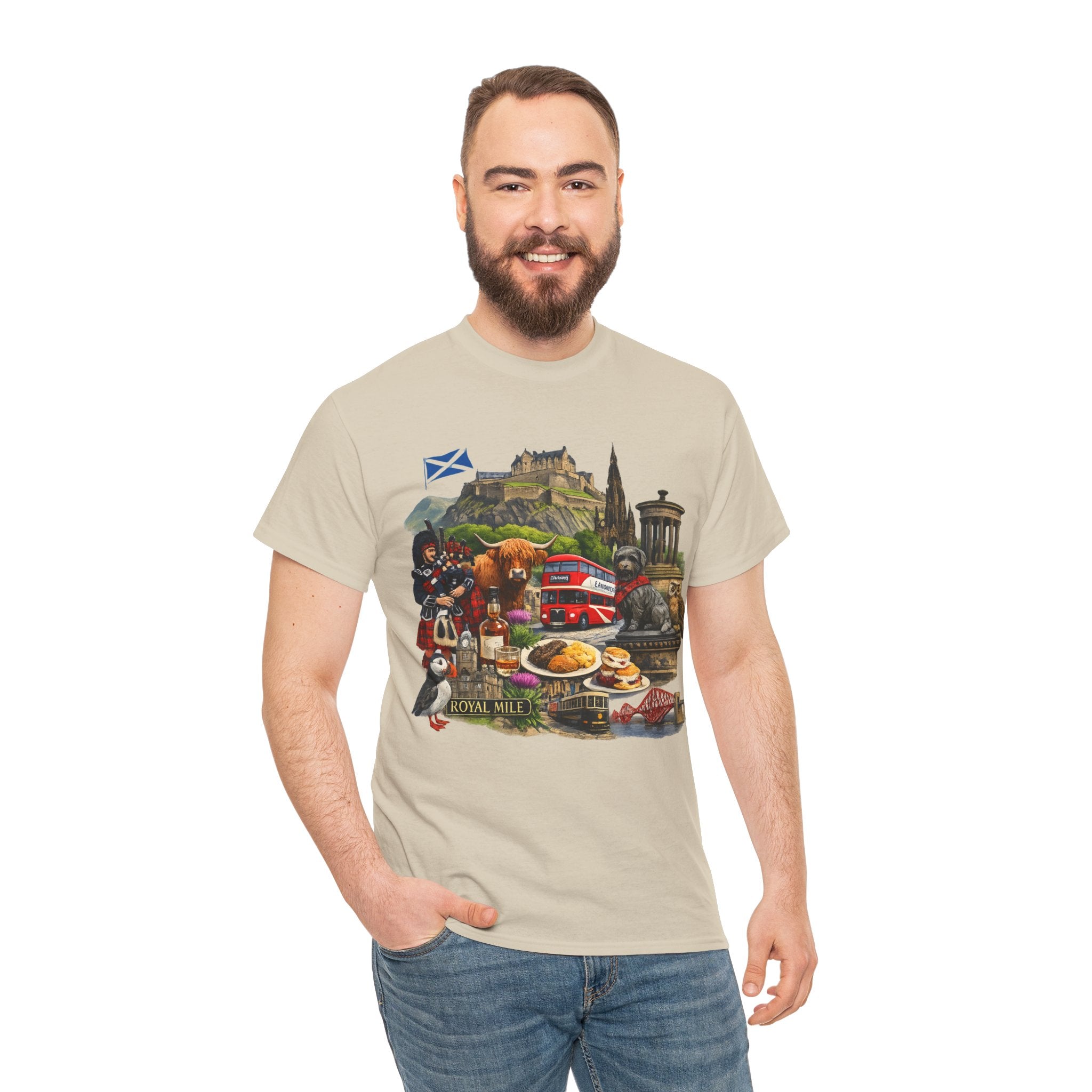 Scotland / Edinburgh Travel Collage T-Shirt — Edinburgh Castle, Bagpipes & Local Icons