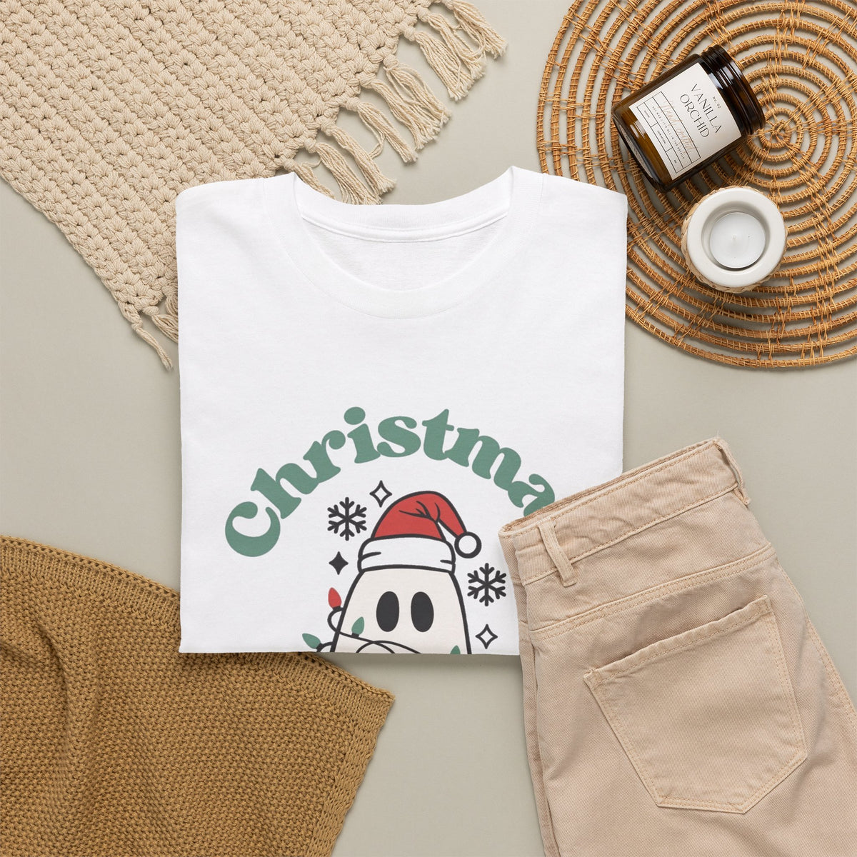 Christmas Spirit T-Shirt — Cute Ghost Wearing Santa Hat Wrapped in Lights
