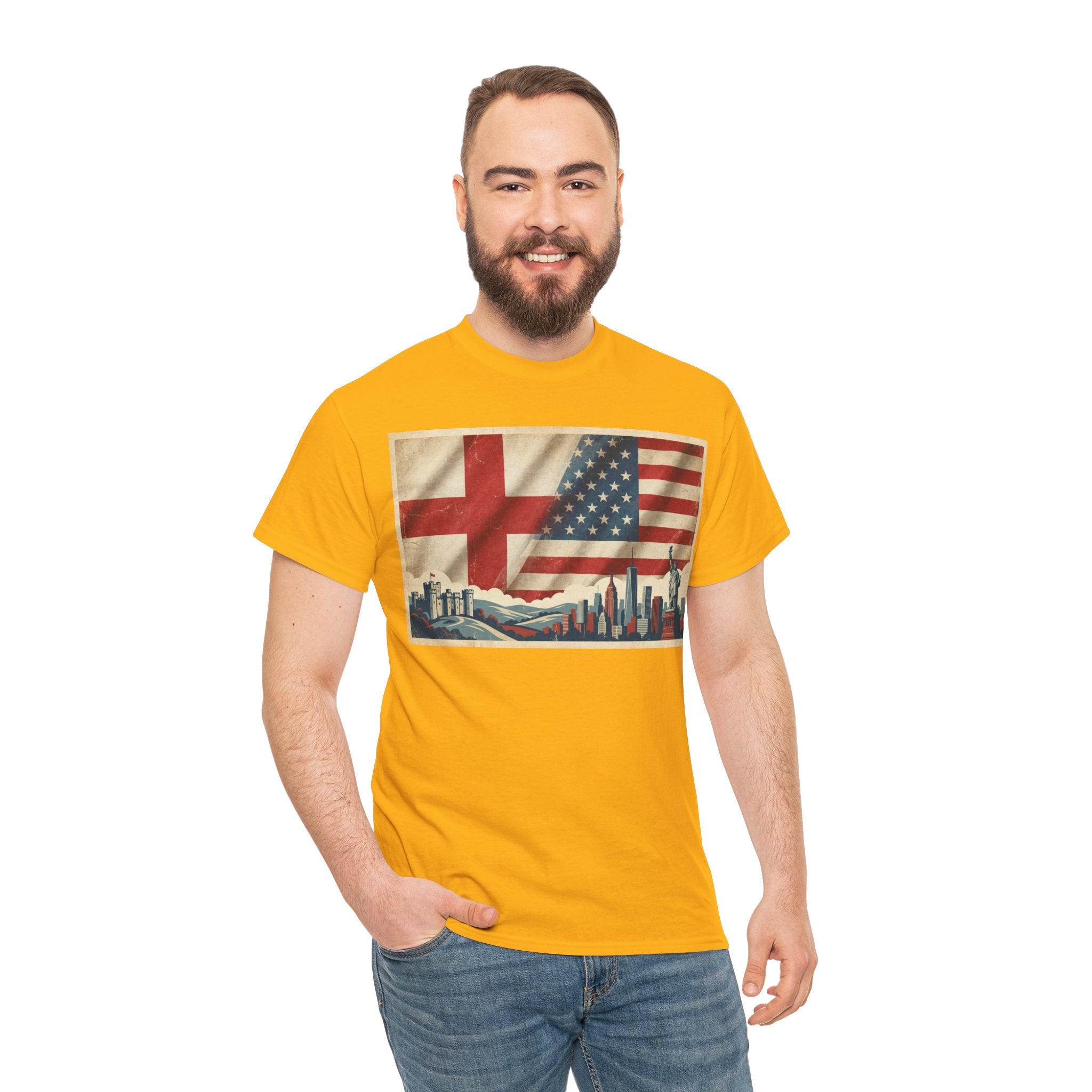 England + USA Flag Skyline T-Shirt — Vintage London & New York City Pride Tee
