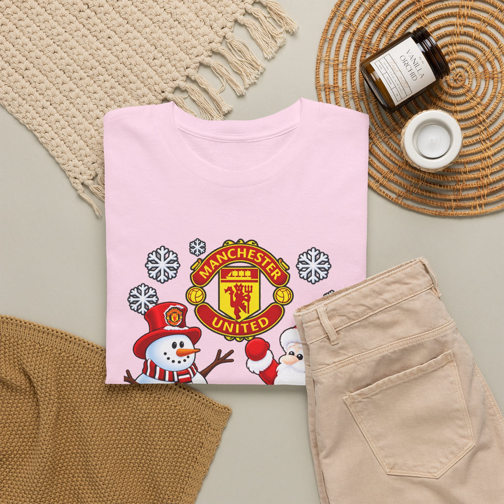 Manchester United Christmas Cotton Tee — Santa & Snowman Football Holiday Shirt