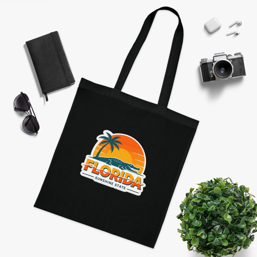 Florida Sunshine State Palm Tree Tote Bag — Retro Beach Sunset Cotton Tote