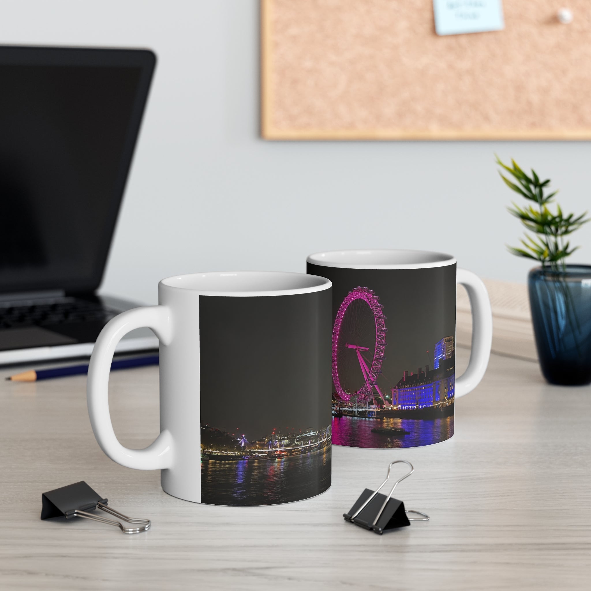London Eye Nightscape Ceramic Mug — Pink London Eye & River Thames Coffee Cup (11oz & 15oz)