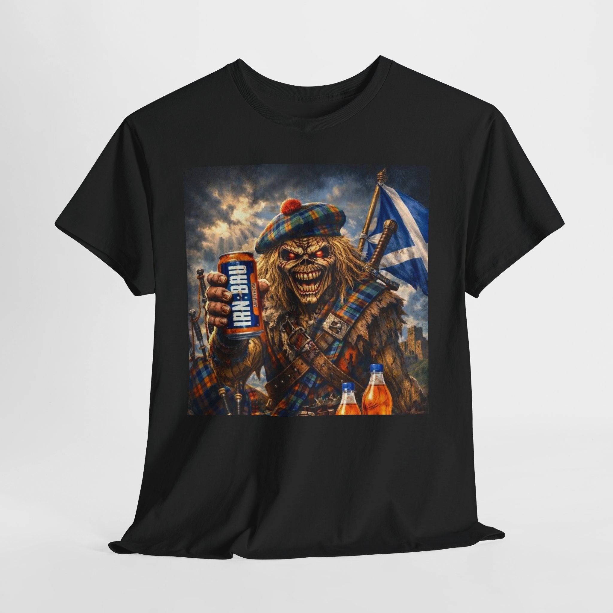 Scottish Rock Skull T‑Shirt — Eddie the Piper with Flag & Can Graphic Tee