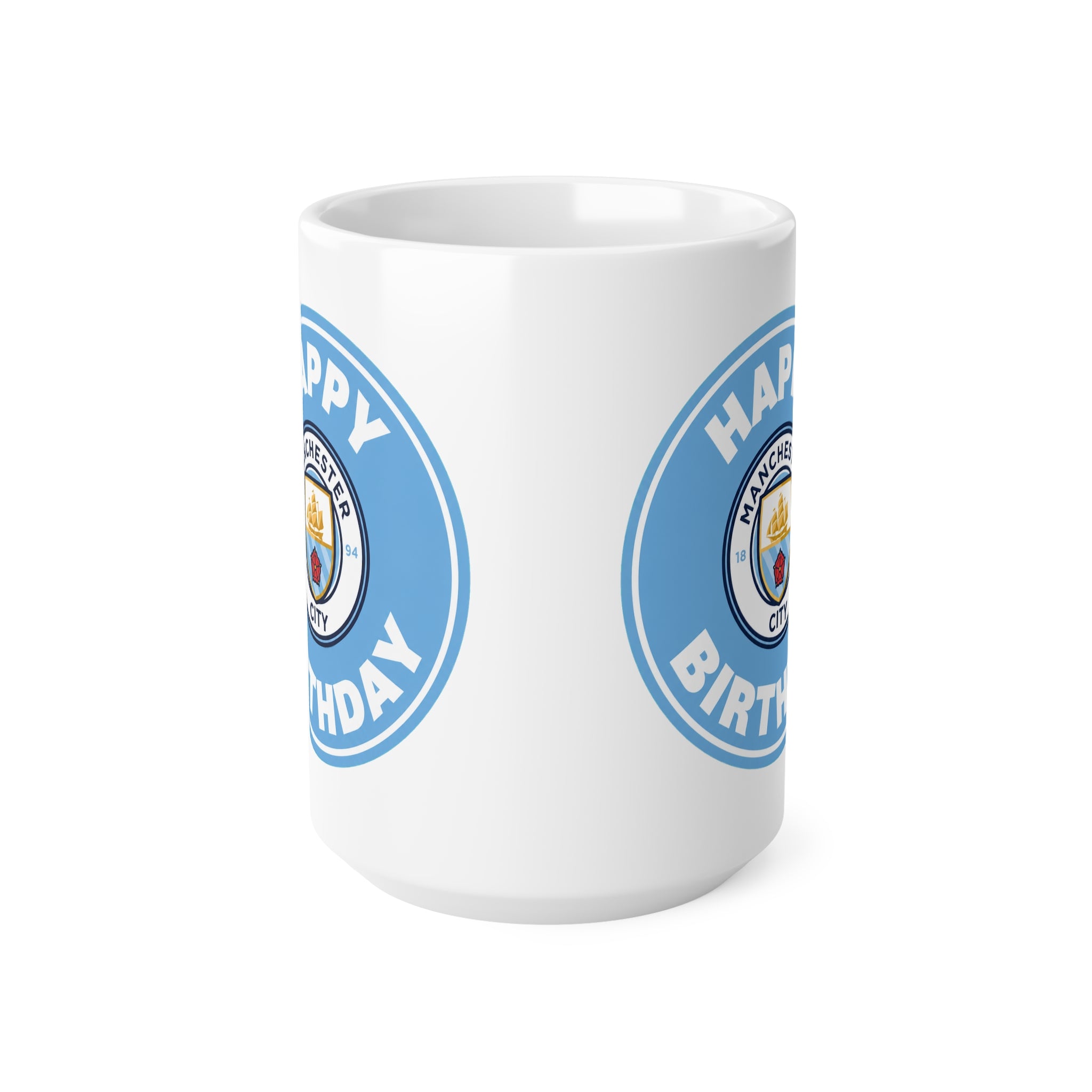 Manchester City Inspired Happy Birthday Football Mug — Manchester City Crest Ceramic Coffee Cup (11oz & 15oz)