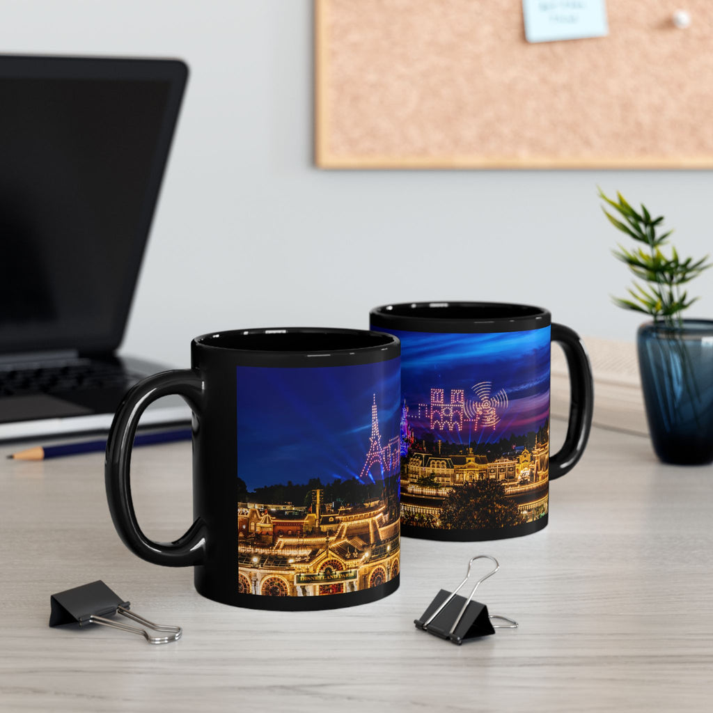 Disneyland Paris Park Nightscape Black Mug — Illuminated Main Street Skyline (11oz/15oz)
