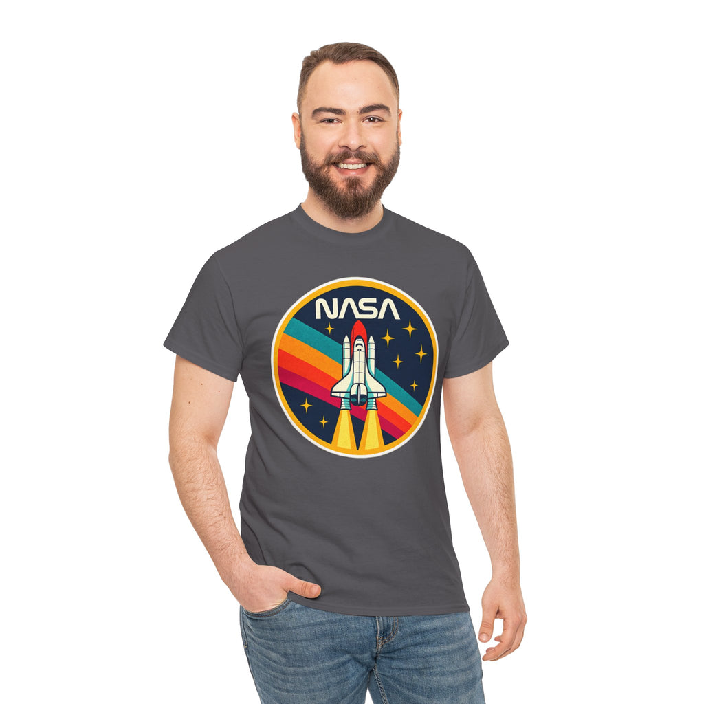 NASA Retro Rocket T‑Shirt — Vintage Space Shuttle Tee with Rainbow Trail