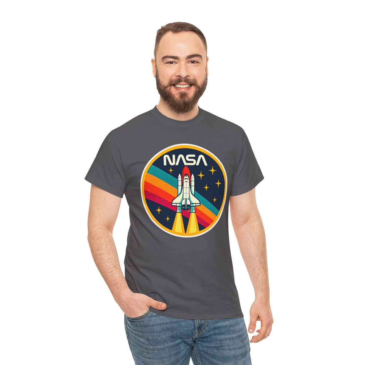 NASA Retro Rocket T‑Shirt — Vintage Space Shuttle Tee with Rainbow Trail