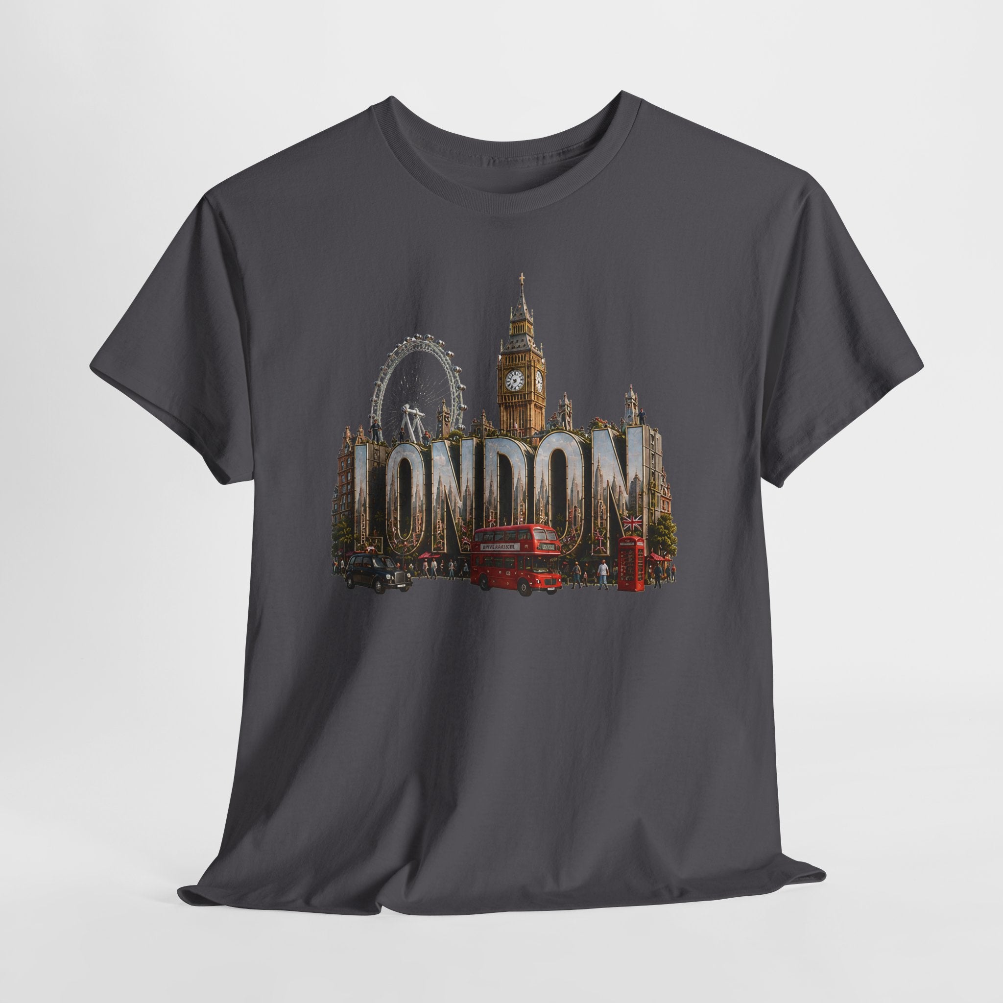 London Skyline T-Shirt — London Text with Big Ben & London Eye Graphic