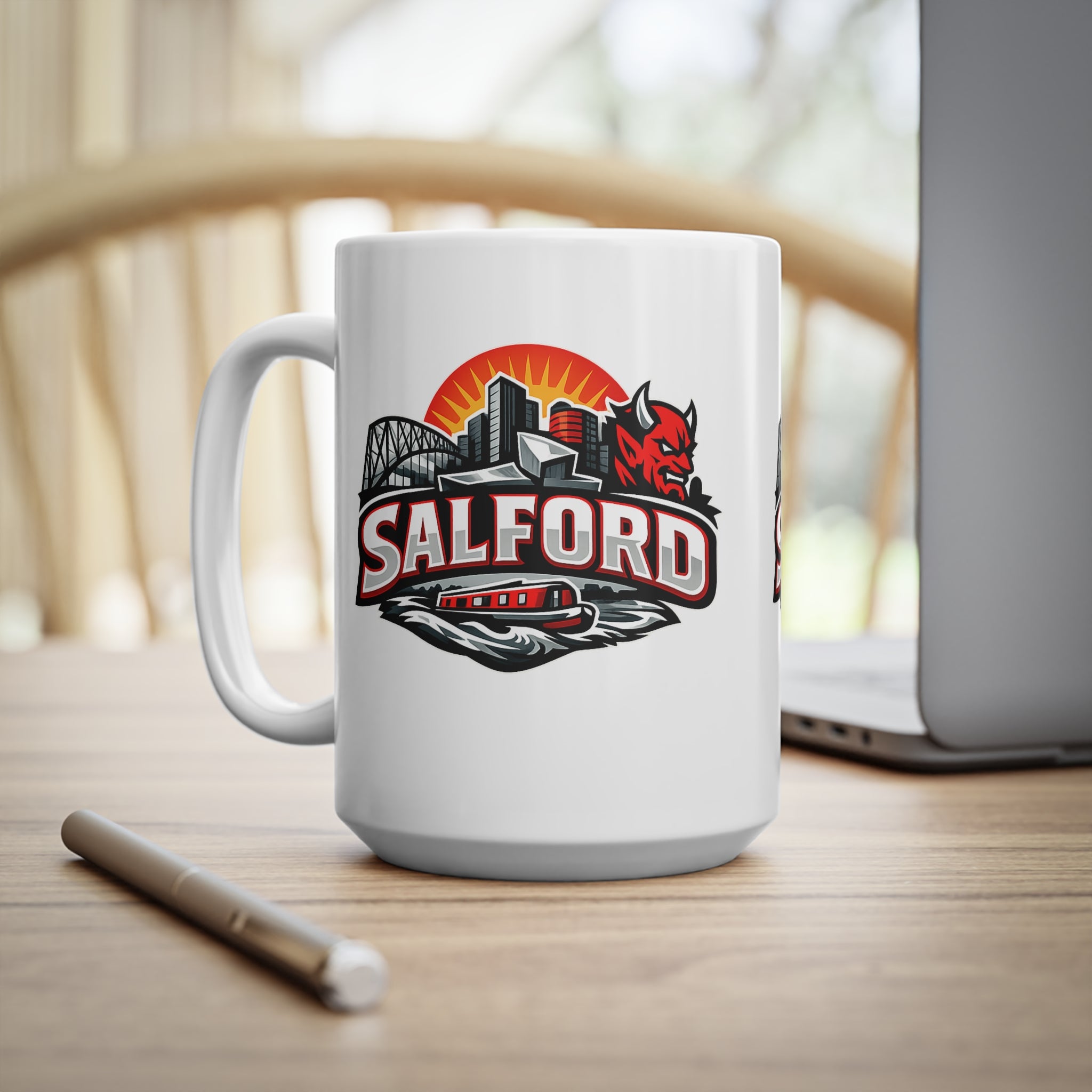 Salford City Skyline Coffee Mug – Devils Logo Ceramic Cup (11oz & 15oz)