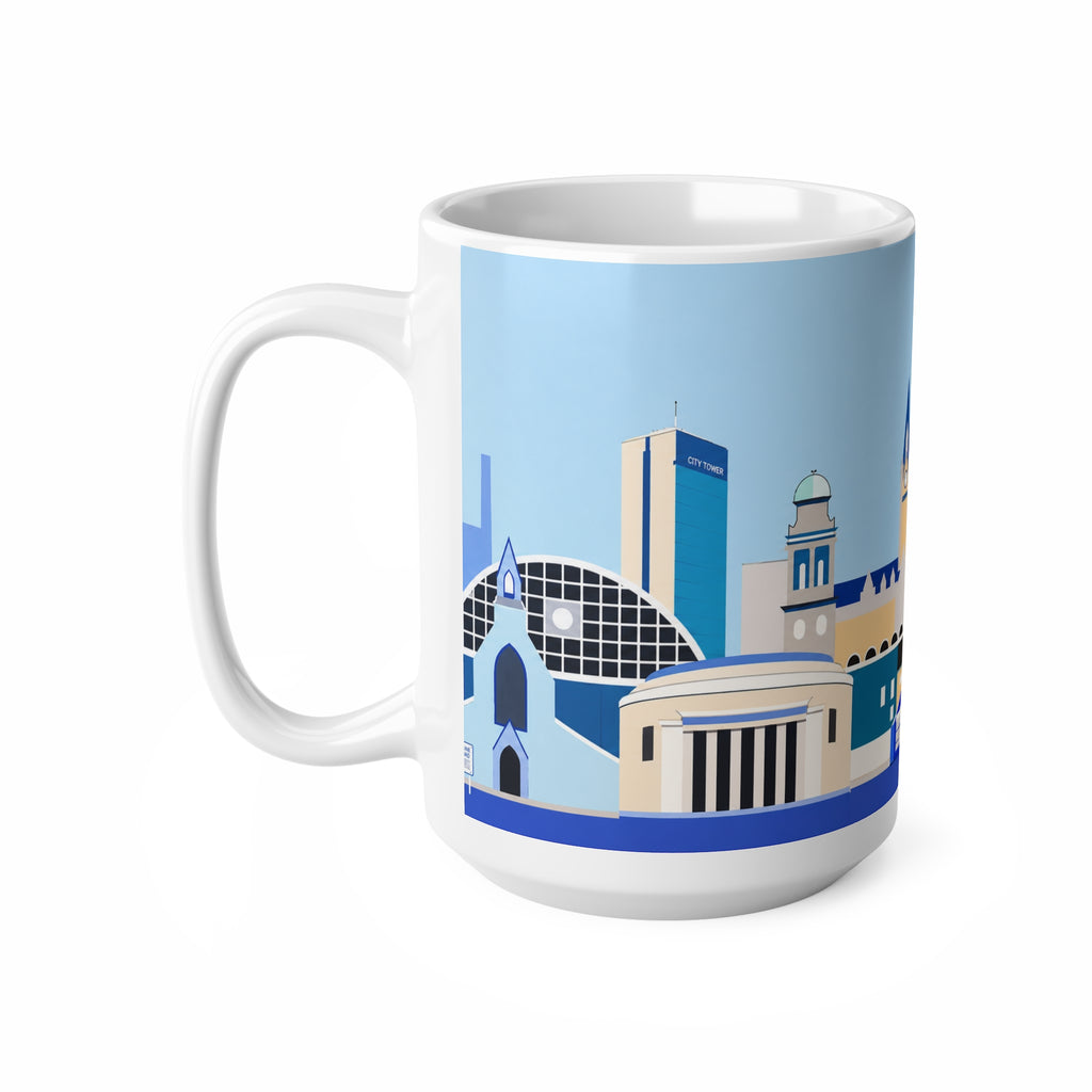 Welcome to Manchester City Skyline Mug — Blue Illustrated Landmark Coffee Cup (11oz & 15oz)