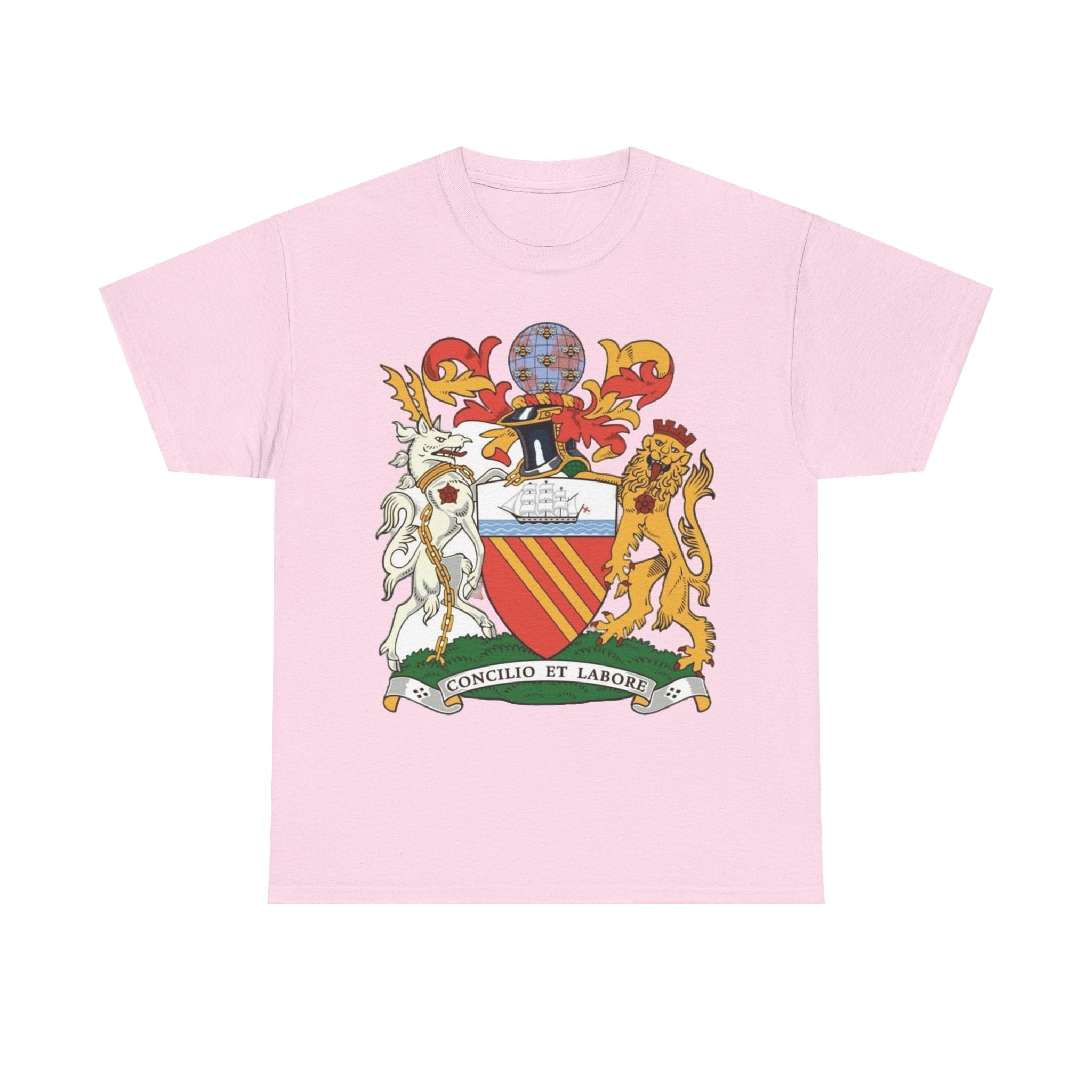 Manchester Coat of Arms Crest T‑Shirt — Heraldic Family Shield Tee with 'Concilio et Labore' Banner