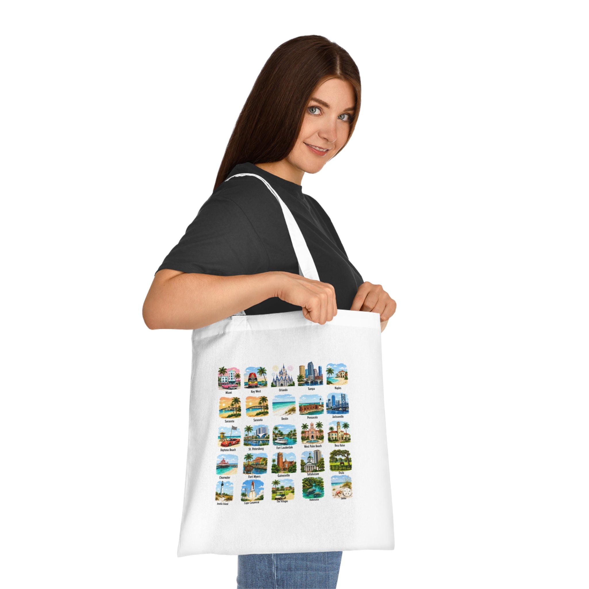 Florida City Landmarks Collage Cotton Tote – Vintage Travel Postcard Design