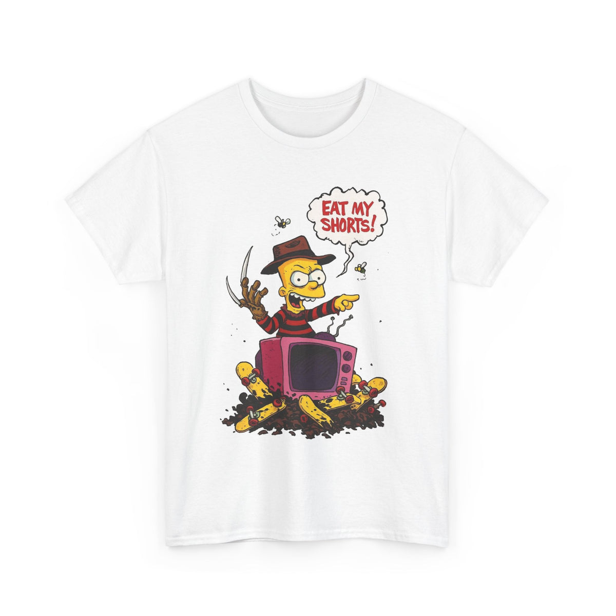 Horror TV Mashup Tee — “Eat My Shorts!” Retro Cartoon Tee