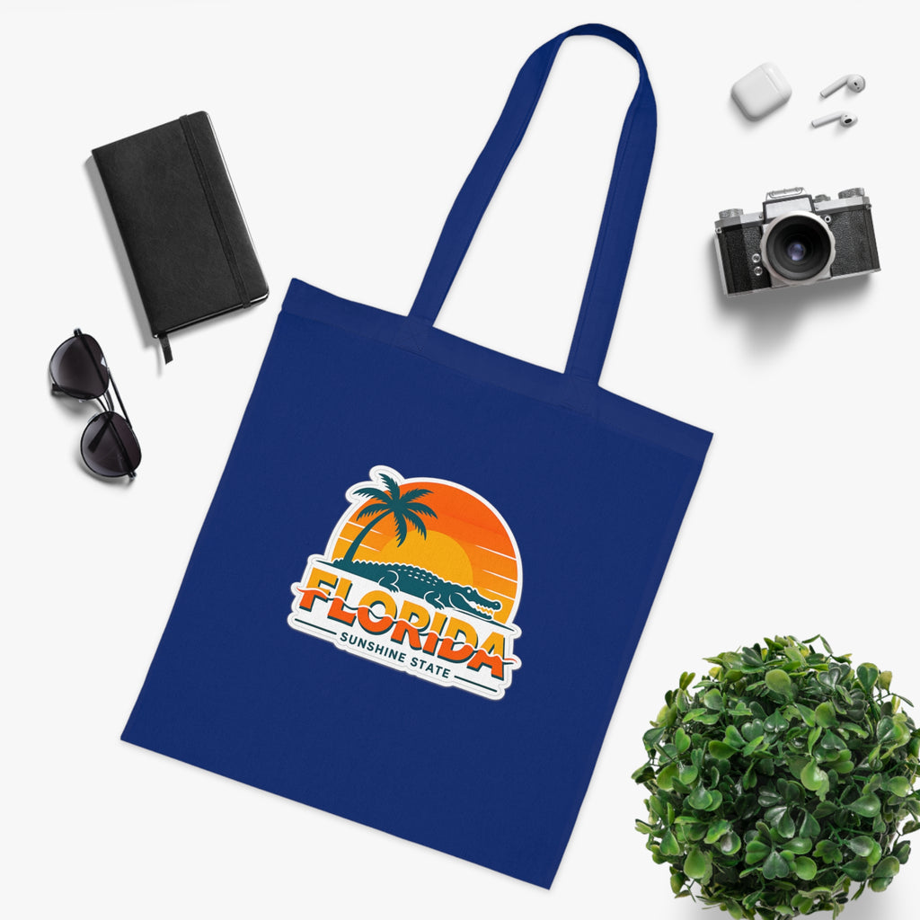 Florida Sunshine State Palm Tree Tote Bag — Retro Beach Sunset Cotton Tote