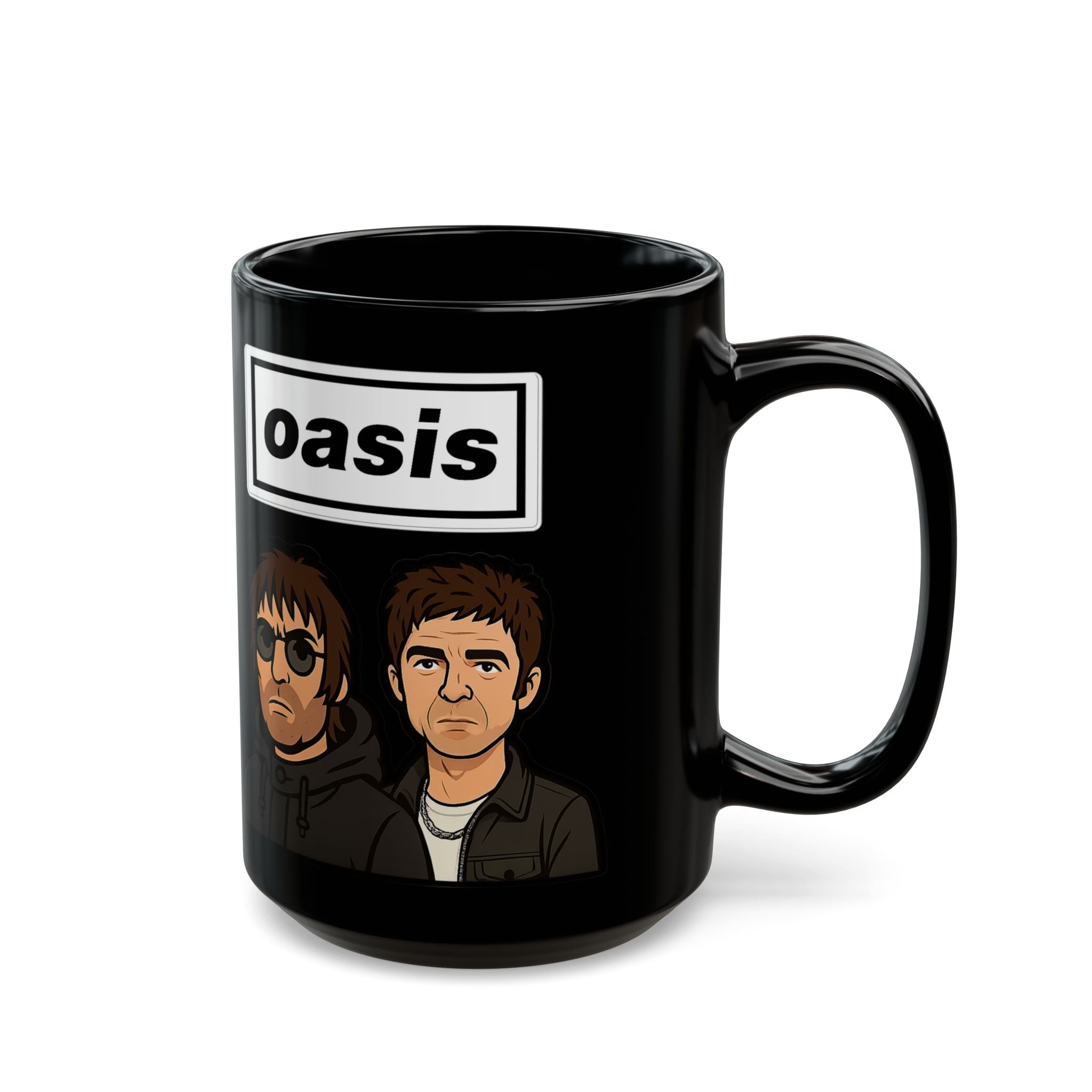 Oasis Inspired Cartoon Band Black Mug — Liam & Noel Ceramic Coffee Cup (11oz/15oz)