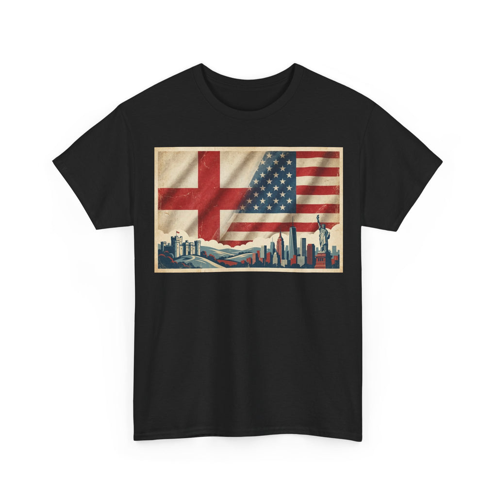 England + USA Flag Skyline T-Shirt — Vintage London & New York City Pride Tee