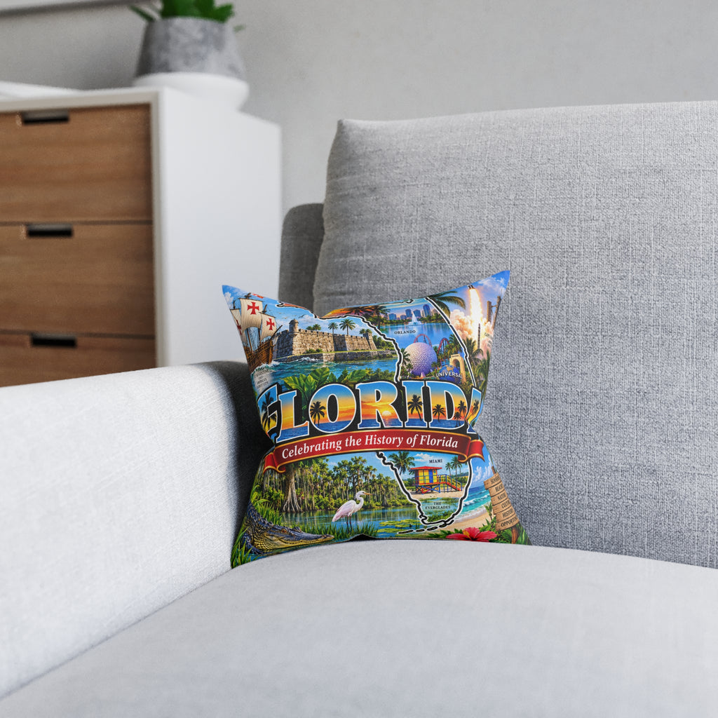 Florida Map Square Pillow — Vintage Travel State Throw Pillow