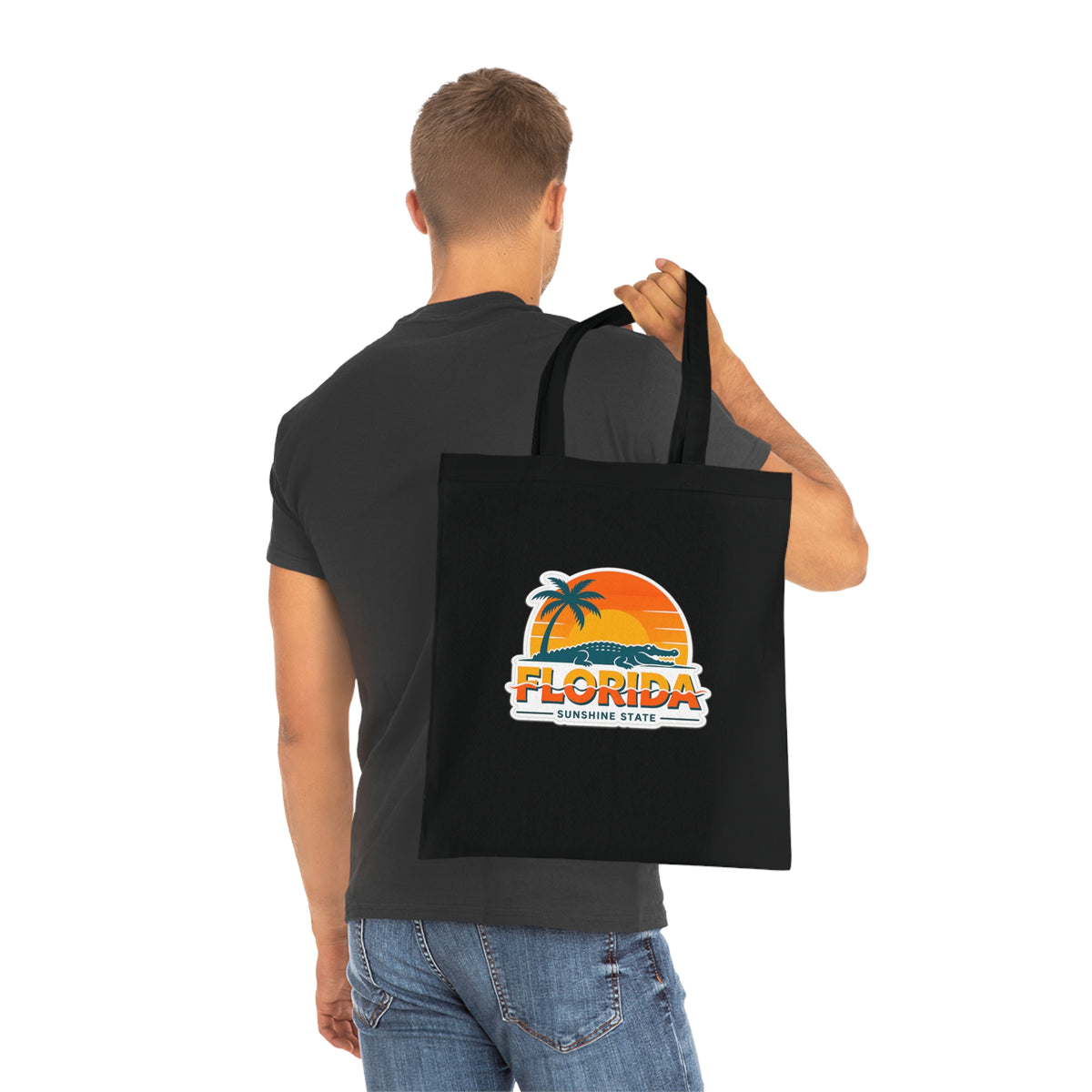 Florida Sunshine State Palm Tree Tote Bag — Retro Beach Sunset Cotton Tote