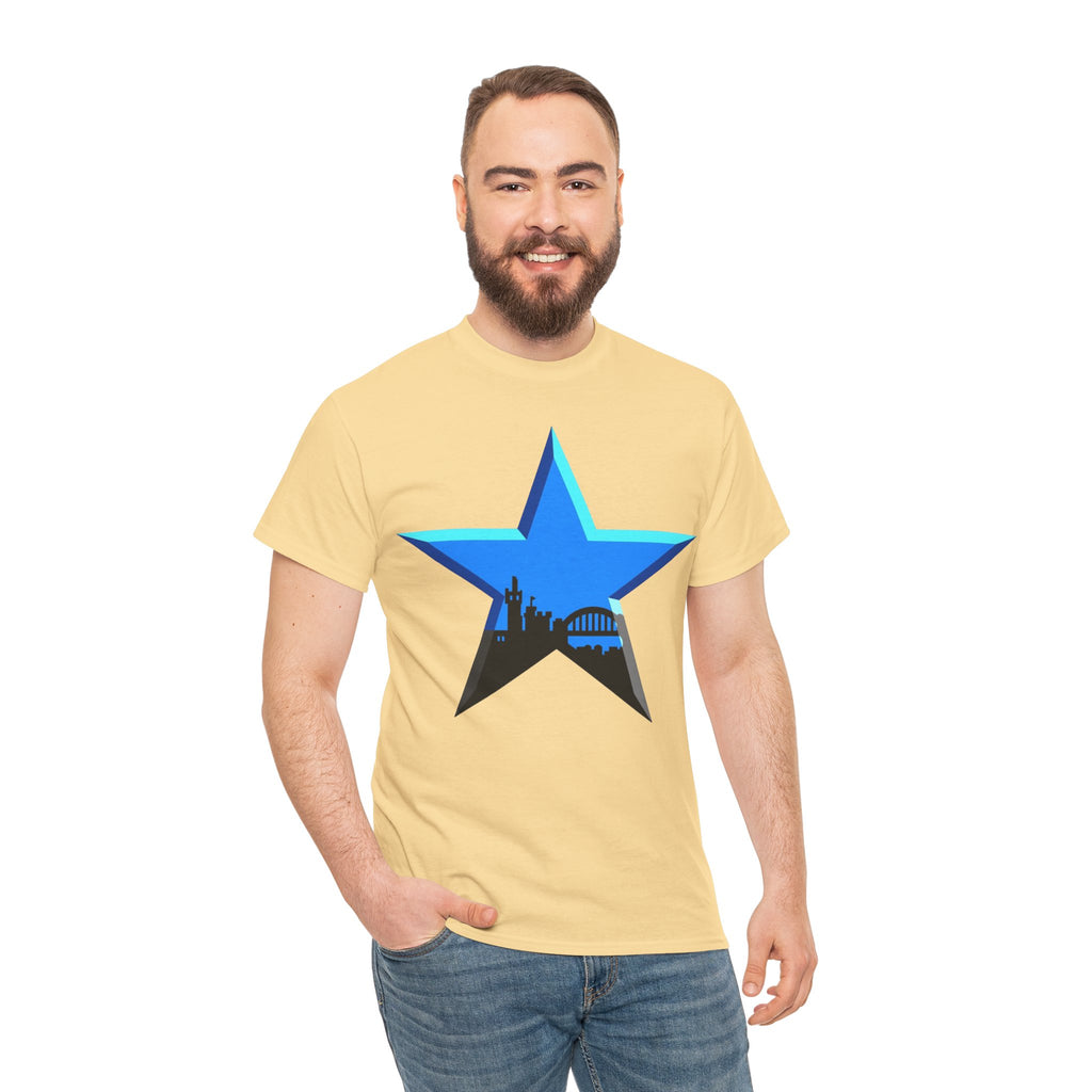 Newcastle City Skyline Star Retro Cotton T-Shirt — Blue Star with Urban Skyline Graphic