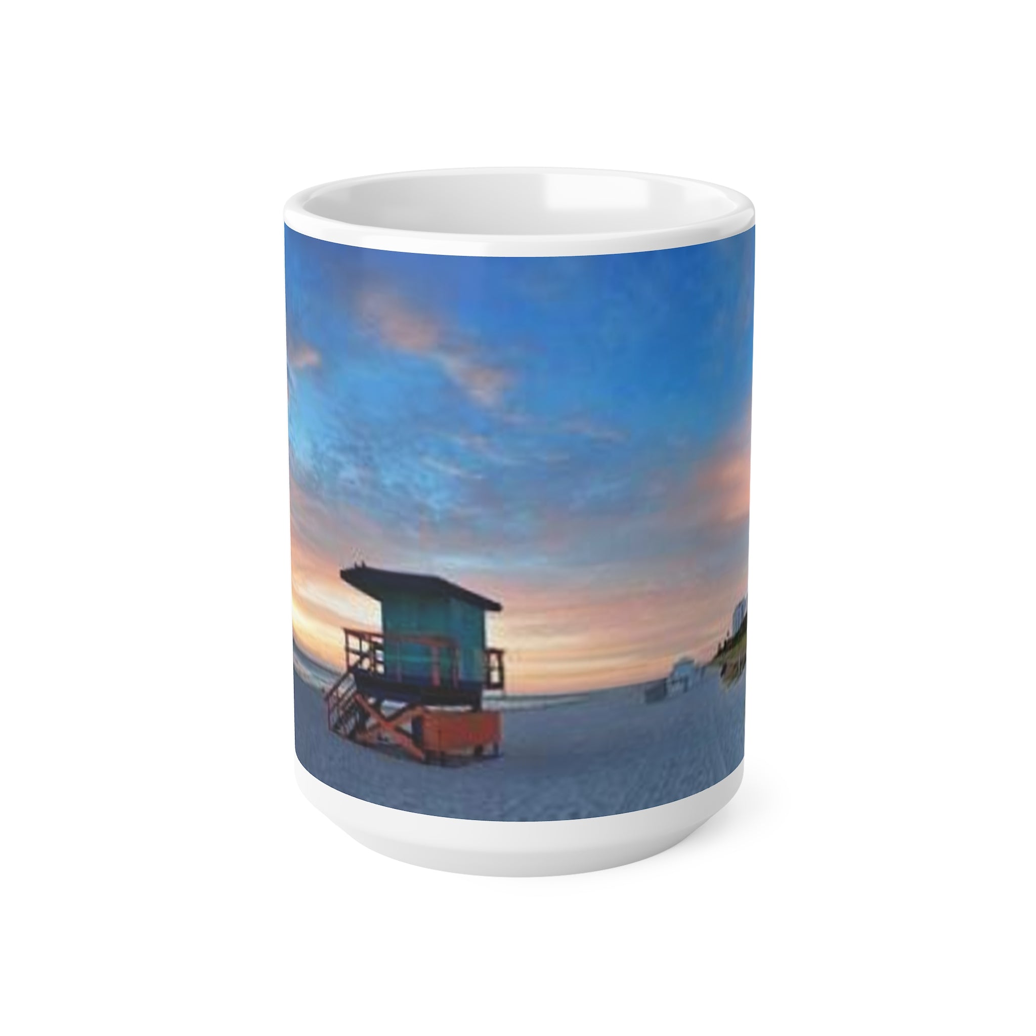 Sunset Beach Lifeguard Tower Ceramic Mug – Coastal Sunrise Coffee Cup (11oz/15oz)