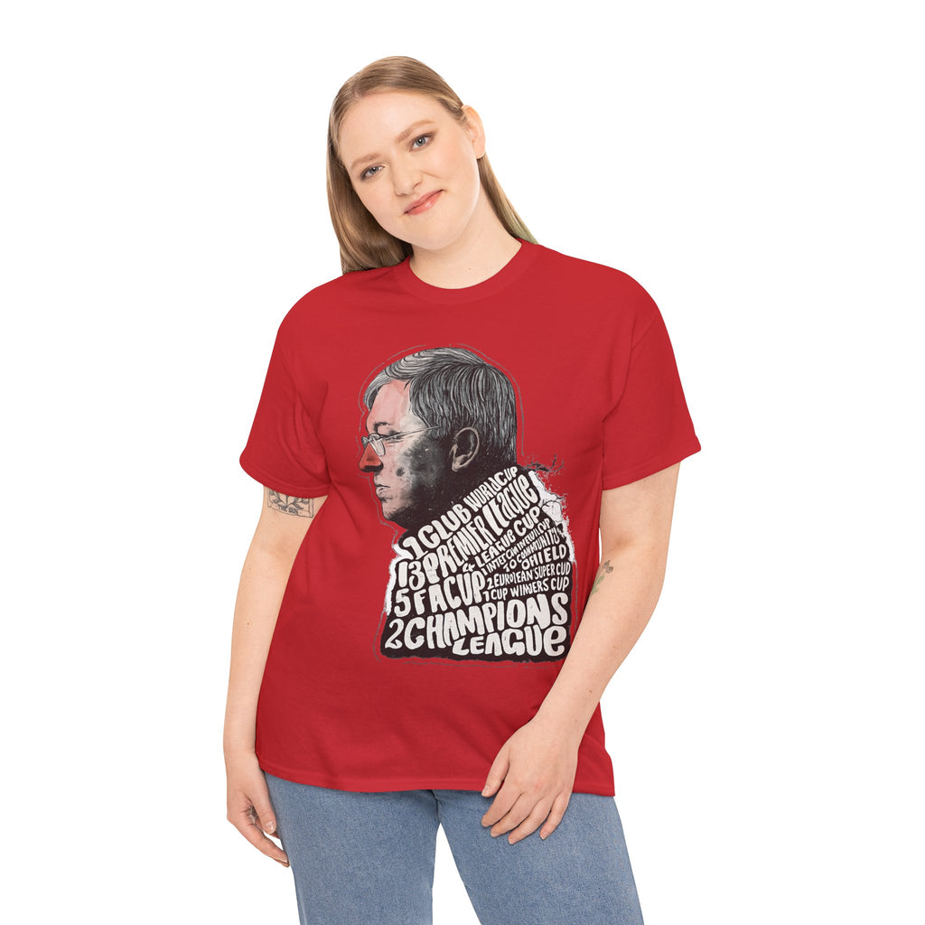 SIr Alex Ferguson Achievements Vintage Football Manager Profile Tee — Illustrated Head with Trophy Text Design