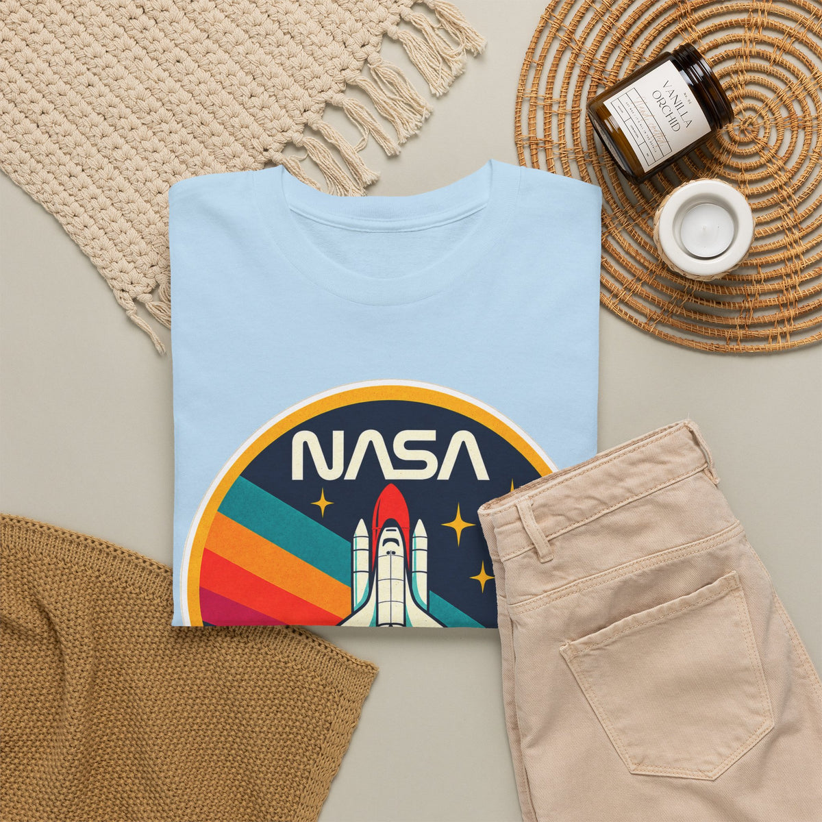 NASA Retro Rocket T‑Shirt — Vintage Space Shuttle Tee with Rainbow Trail