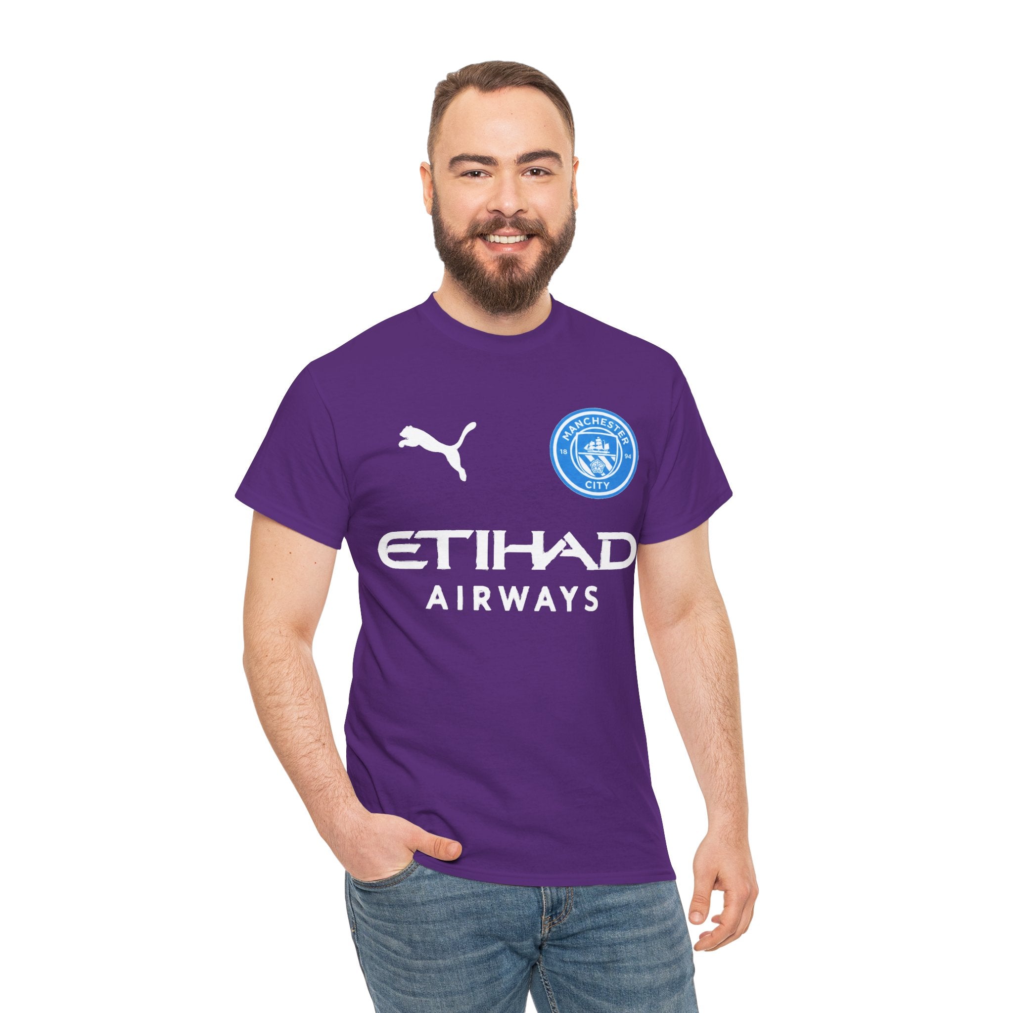 Man City Inspired Etihad Airways Logo Tee - Black Puma Style Football Shirt